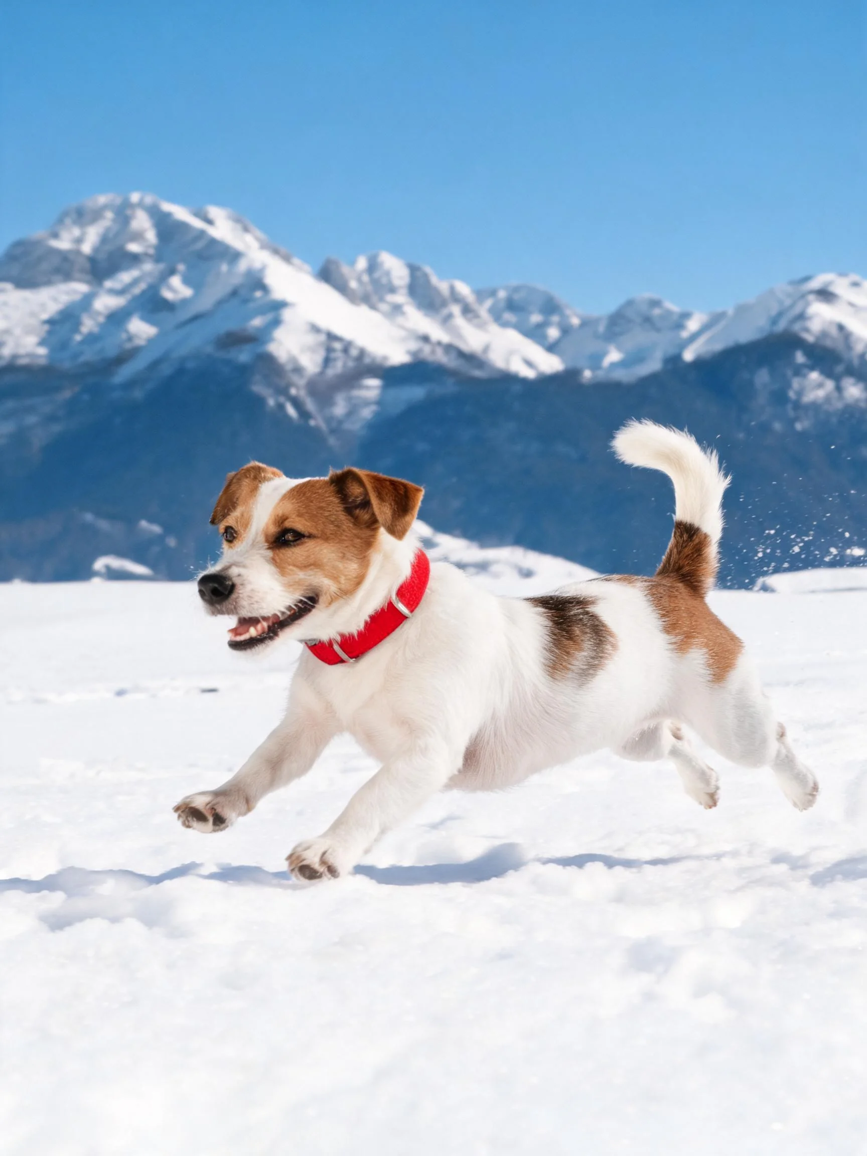 杰克罗素梗犬在雪地中奔跑，白与棕色相间的毛发清晰，红色项圈醒目，展现其活跃状态。