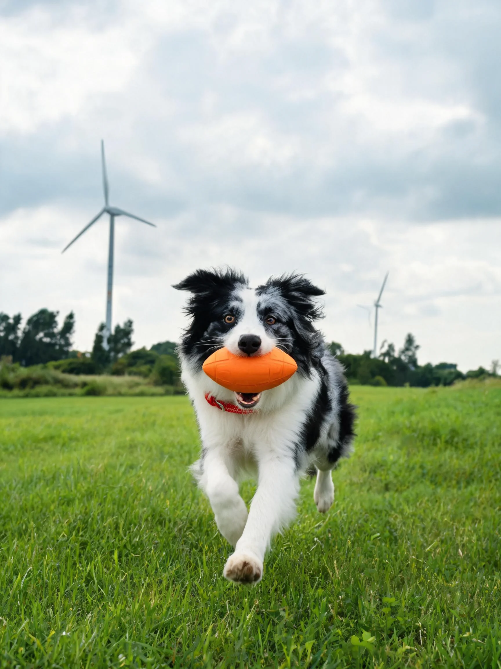 边境牧羊犬叼着橙色玩具,黑白相间的被毛清晰可见,展现出奔跑时的动态姿态。