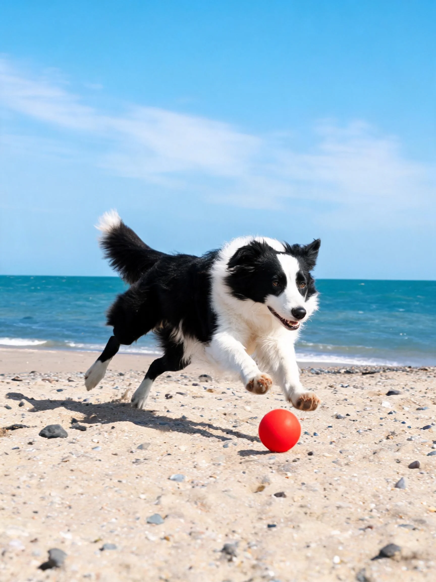 边境牧羊犬黑白相间的被毛,正跃向沙滩上的红色皮球。