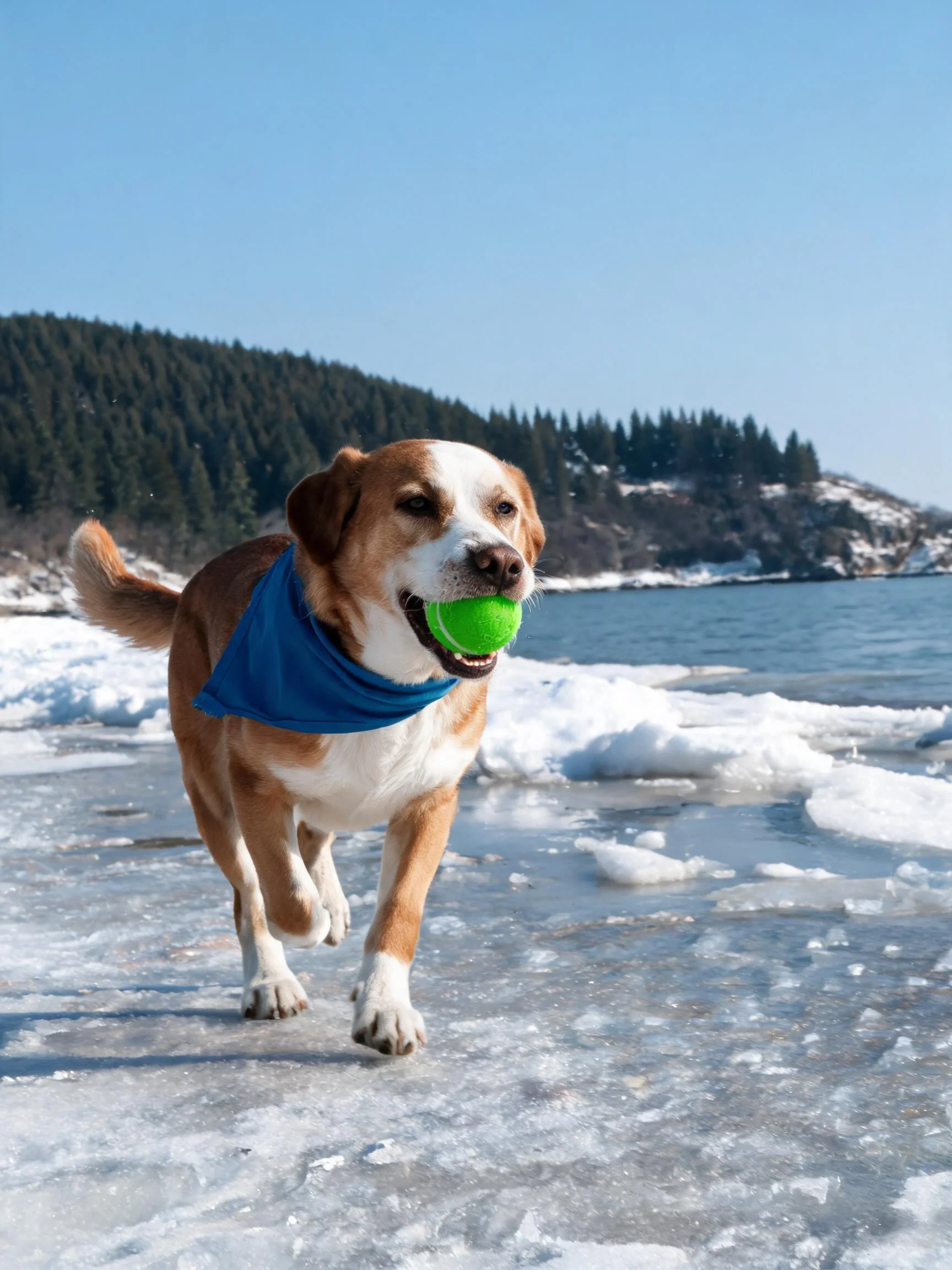 拉布拉多混血犬叼着绿色网球在冰雪路面奔跑,毛发棕白相间。