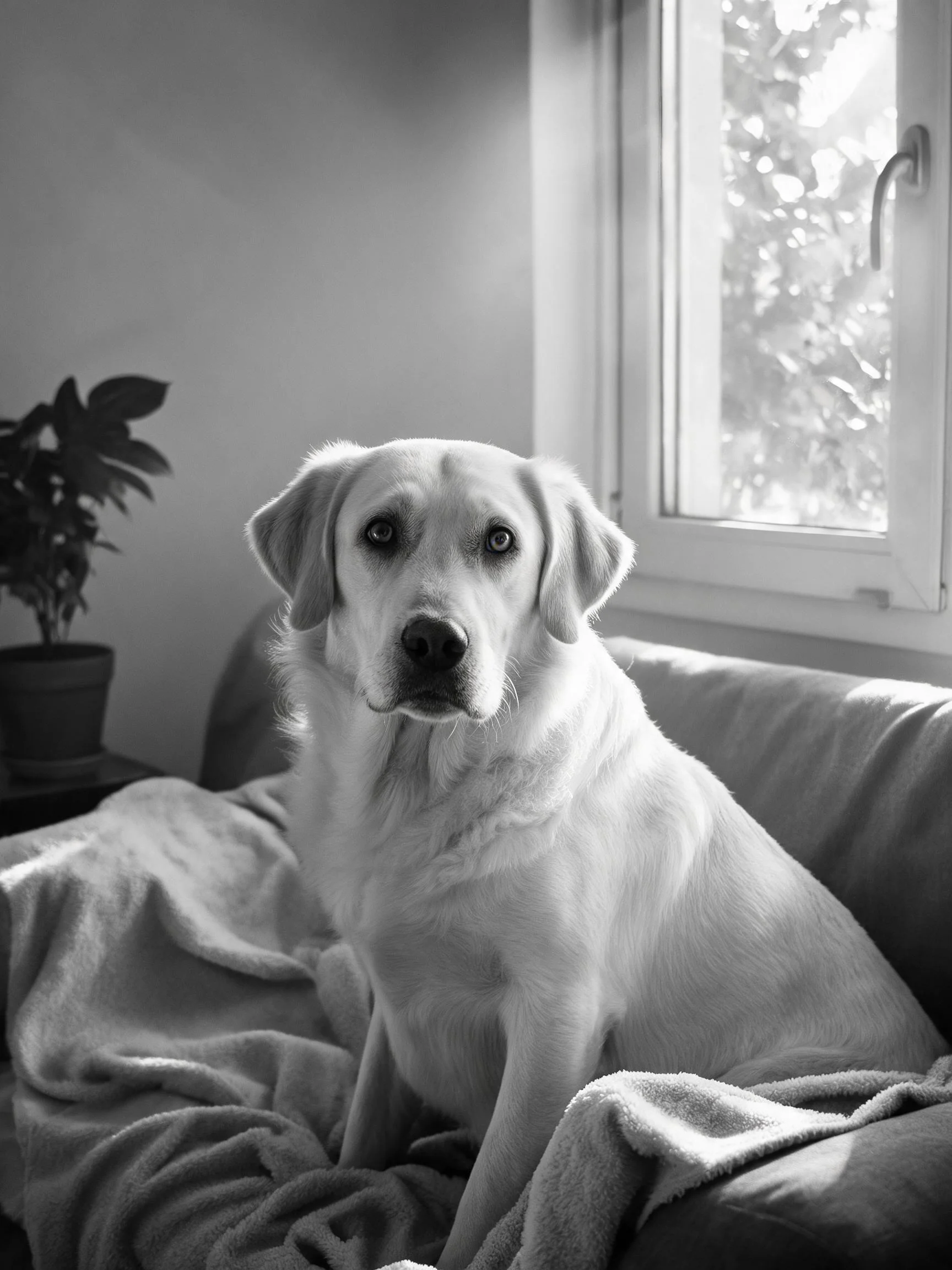 一只毛色浅黄的拉布拉多猎犬安静地坐在沙发上,目光平静注视前方。