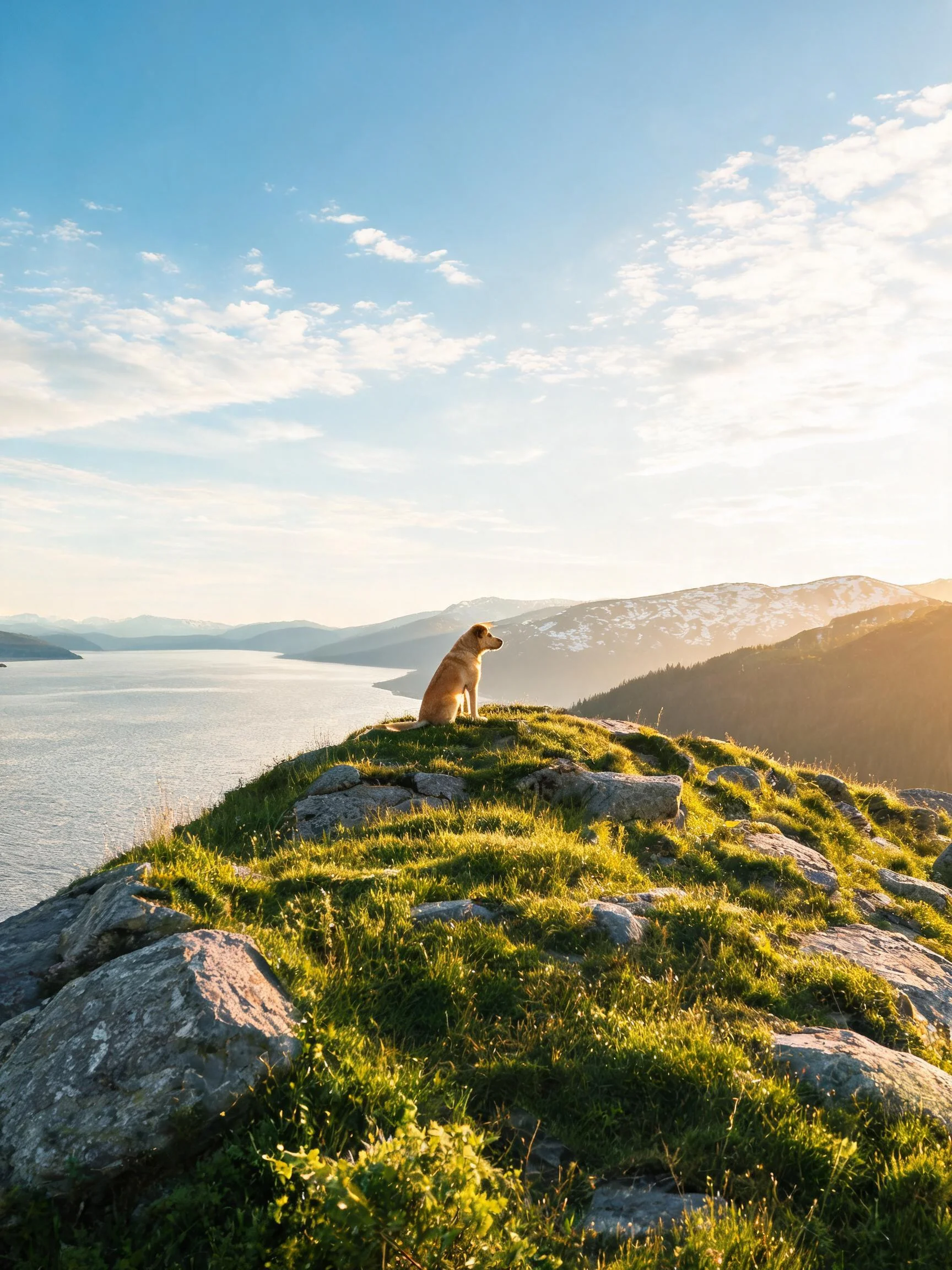 一只黄色的猎犬坐在山顶草地上,目光投向远处的湖泊,毛发在阳光下显得金黄。