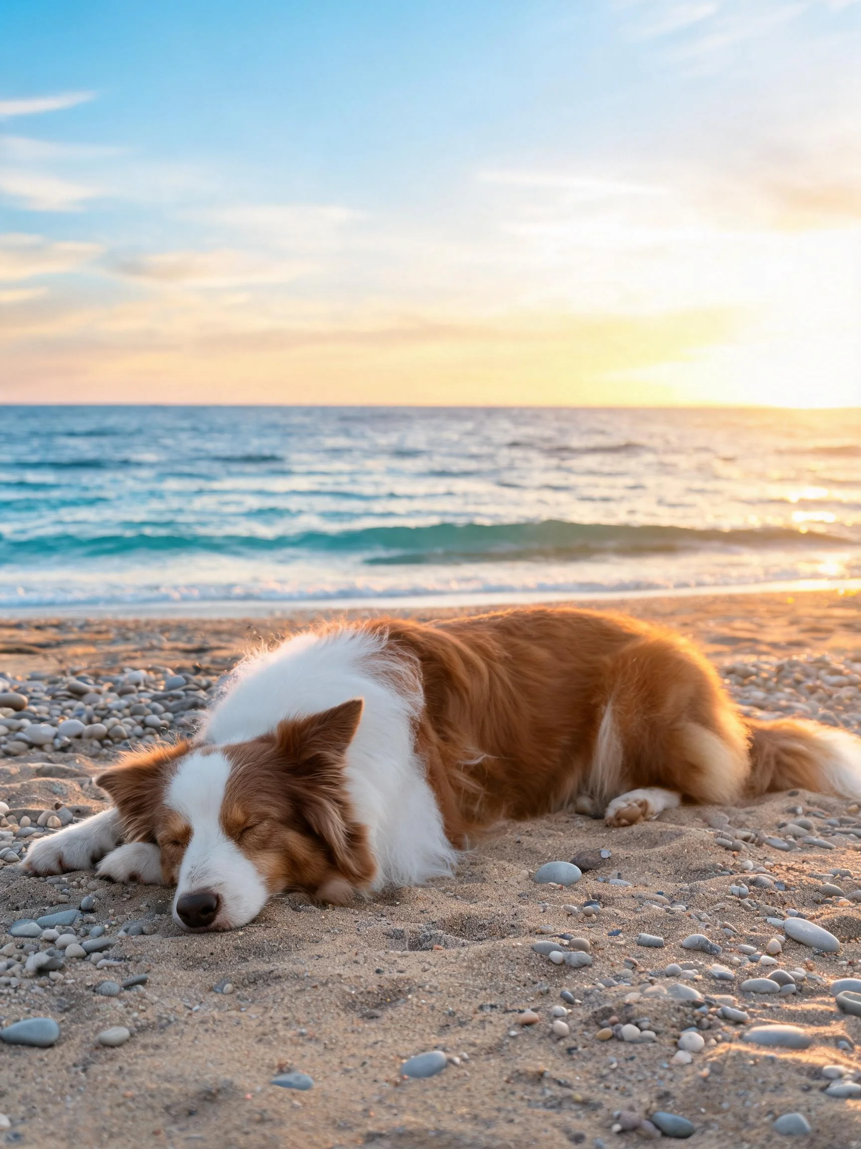 一只棕白相间的边境牧羊犬闭眼安睡在沙滩上,柔软的毛发贴附在沙滩表面。