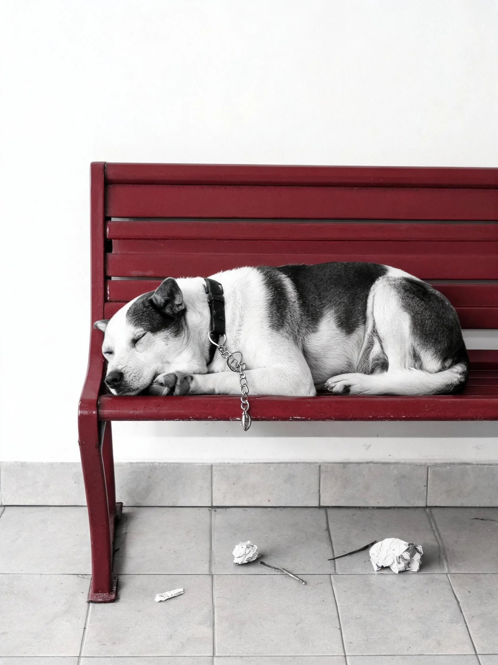 黑白相间的短毛混血犬安静地趴在红色长椅上,项圈挂着金属链条,前爪处有柔软的毛发贴附。
