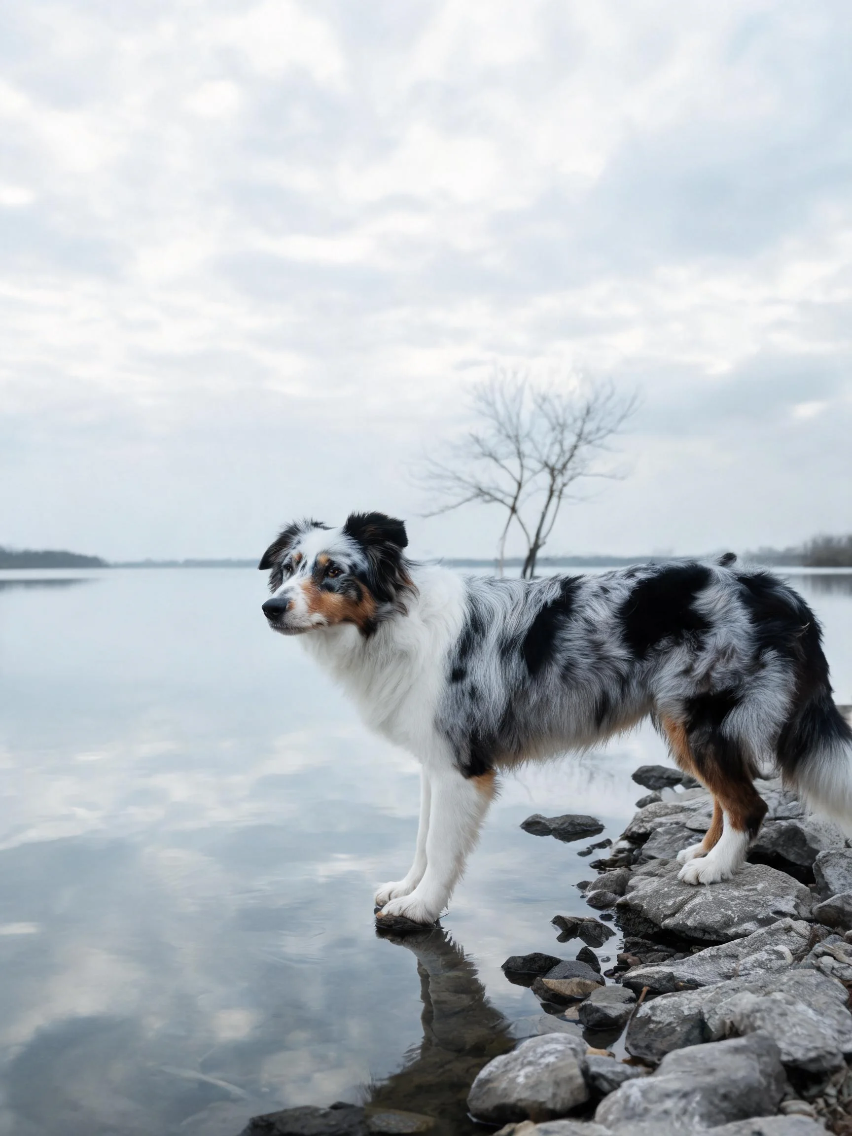 澳大利亚牧牛犬站在岩石边缘,黑白棕三色被毛清晰可见,前爪微微探入水面。