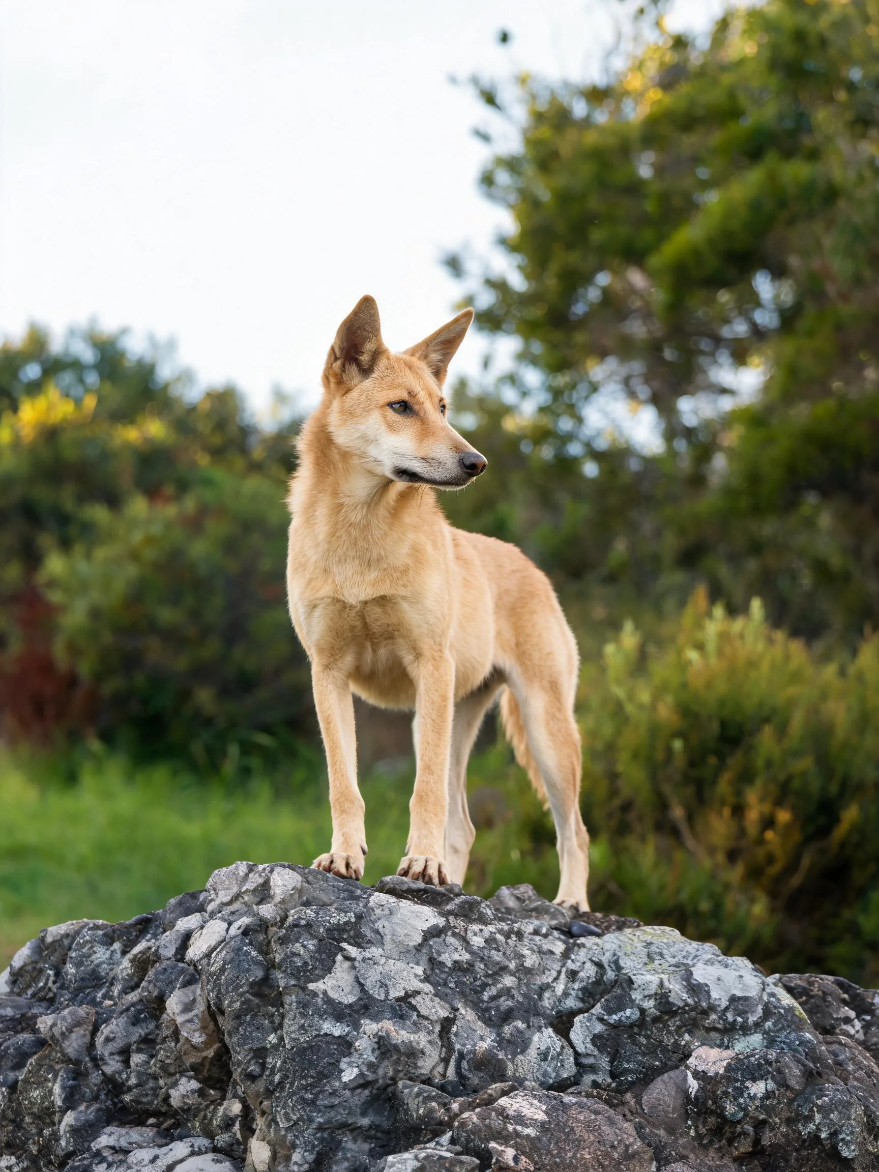 澳洲野犬站在岩石上,浅棕色皮毛清晰可见,耳朵竖起,目光注视远方。