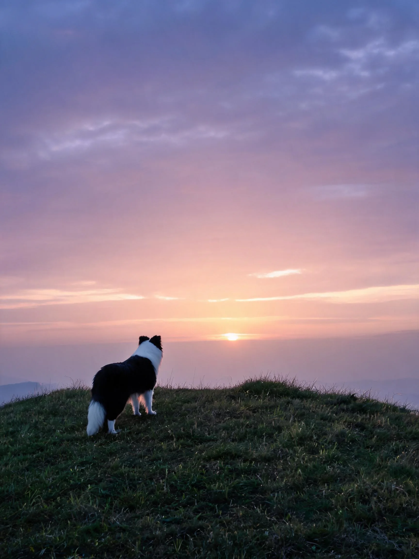 边境牧羊犬凝视夕阳,黑白相间的毛发在暮色中清晰可见,姿态安静优雅。