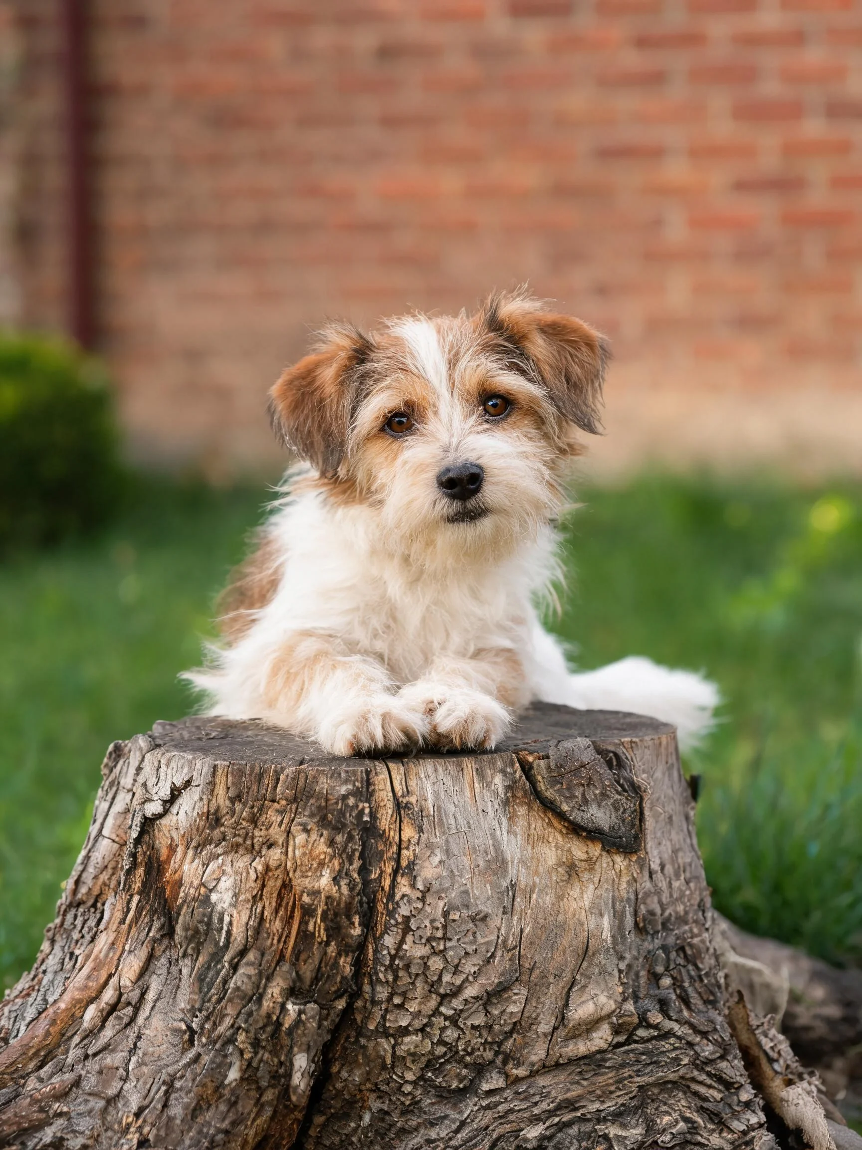 一只小型梗犬趴在树桩上,白色与棕色相间的毛发,眼神专注,前爪搭在树桩边缘。