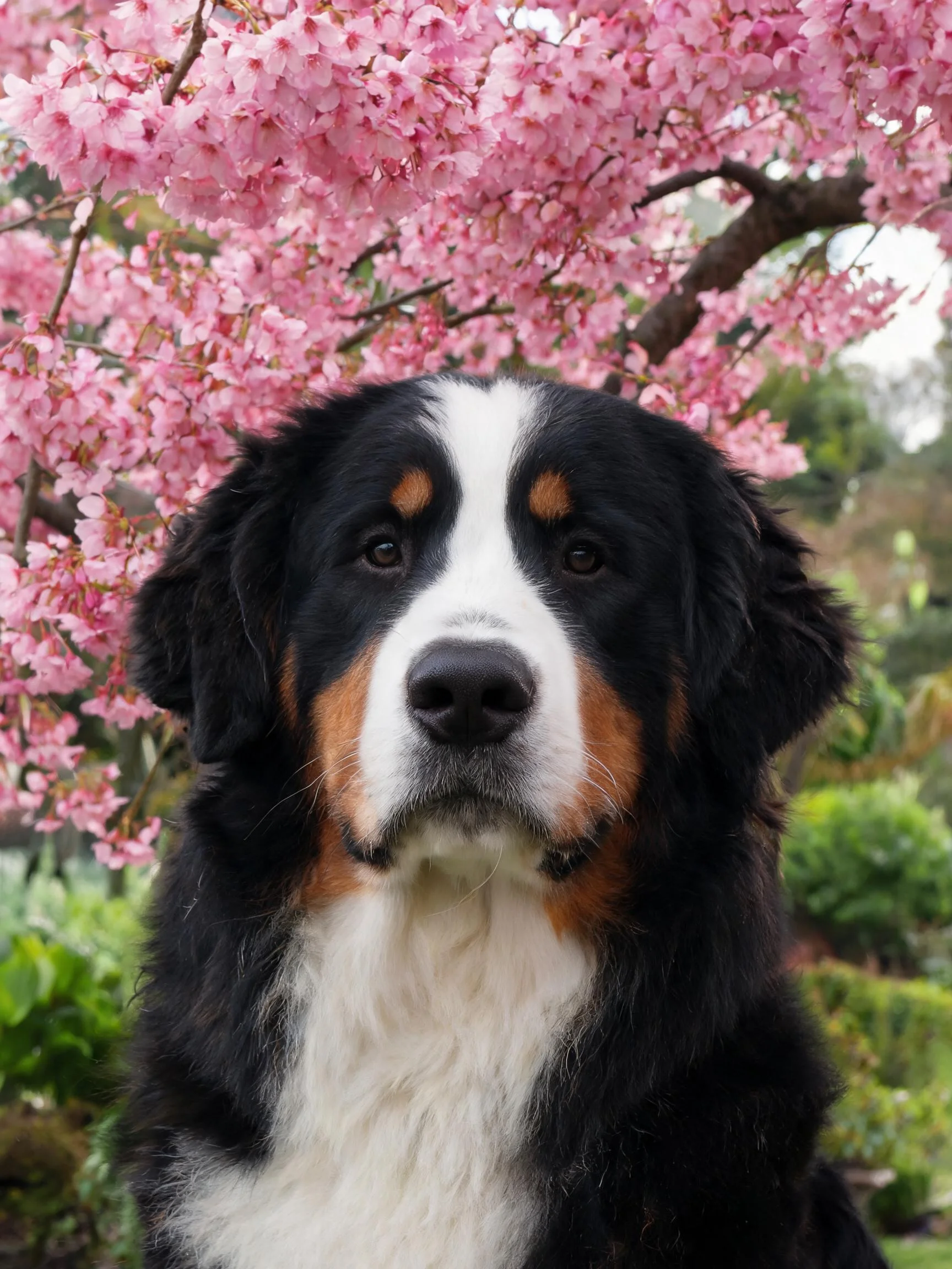 伯恩山犬有着黑色、白色与棕色相间的毛发,正站在盛开的樱花树下,毛发浓密且富有质感。