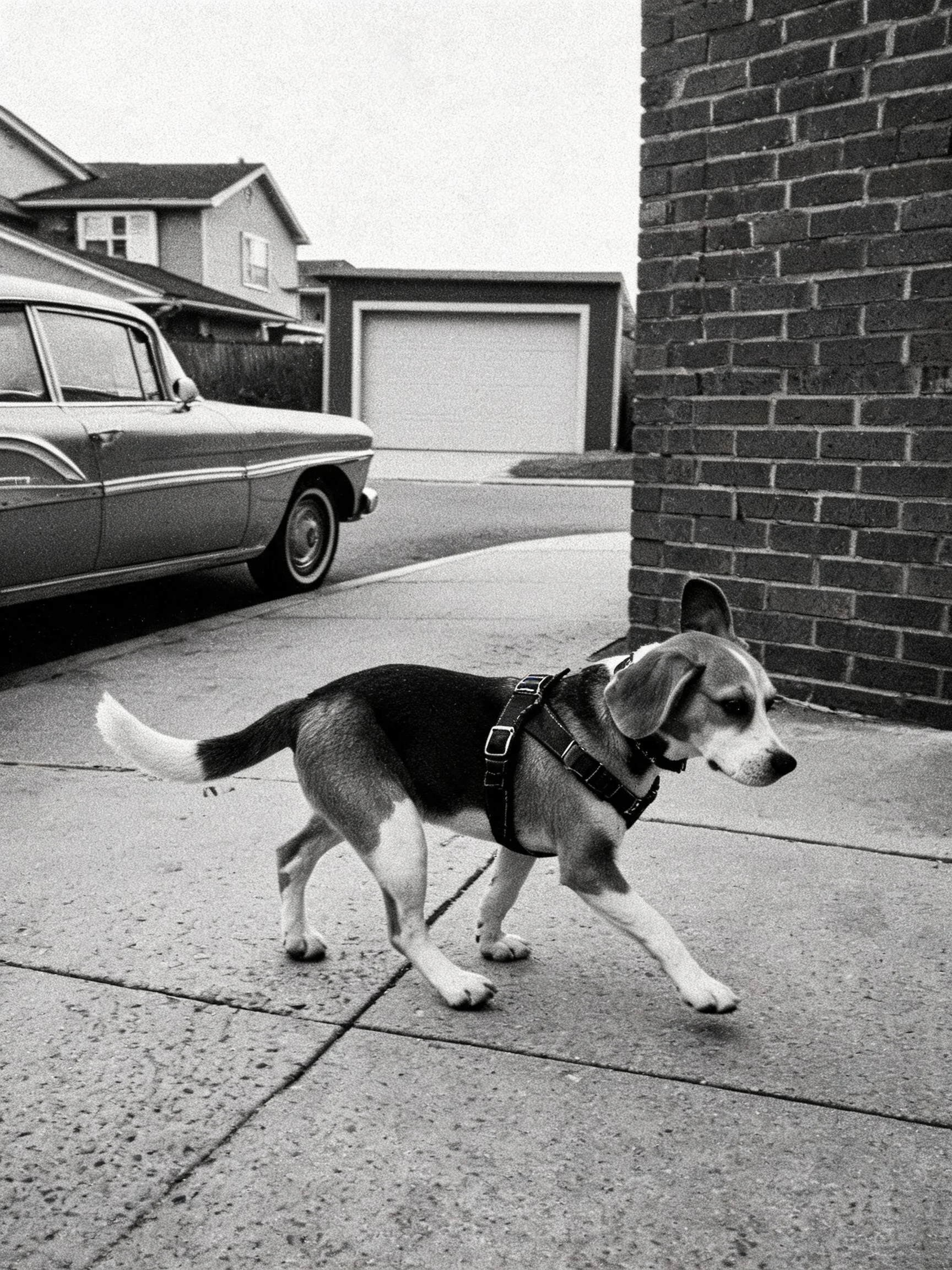 一只佩戴牵引带的比格犬在石板路面上行走,黑棕白相间的毛发清晰可见。