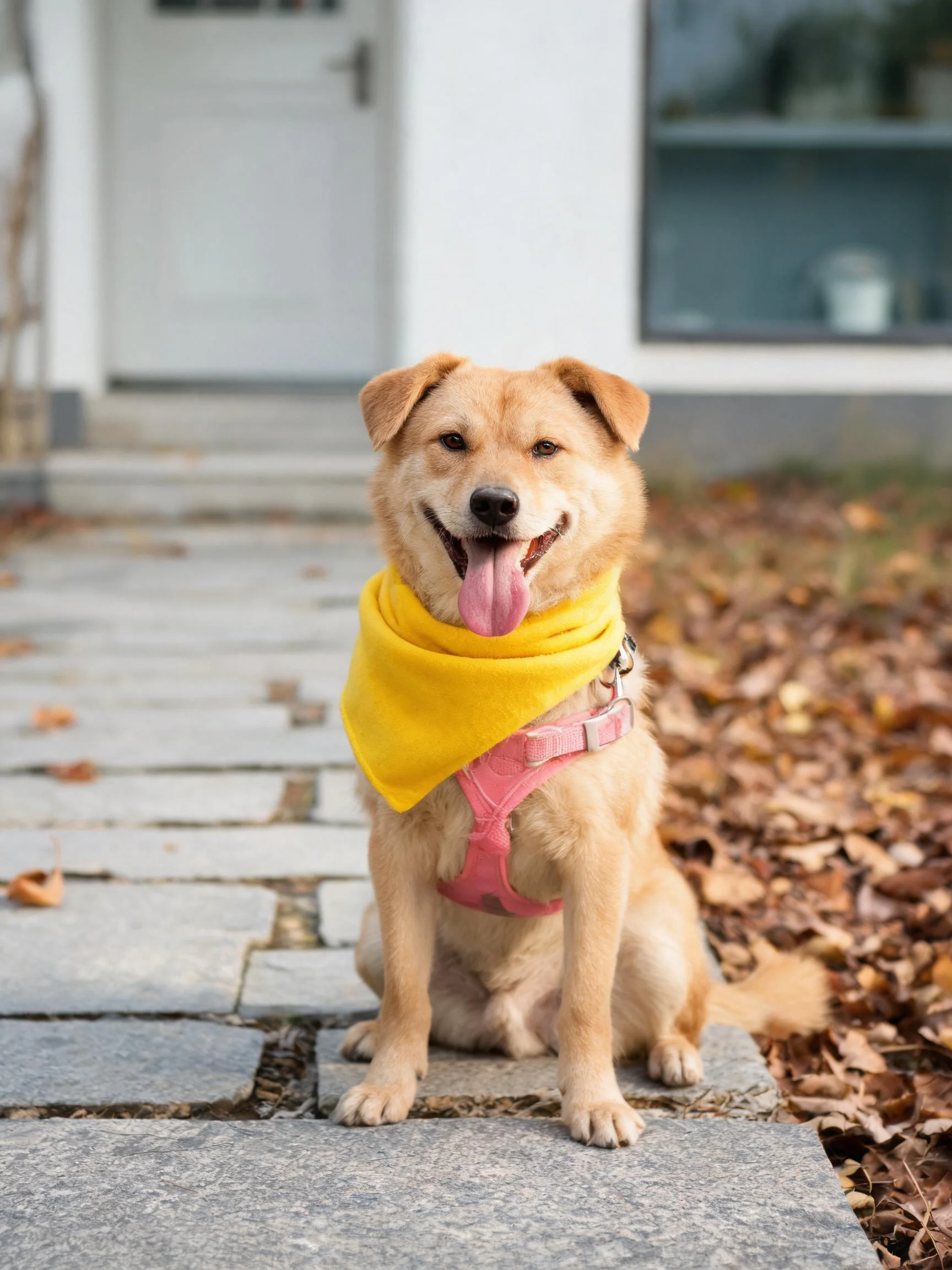 浅棕色混血犬戴着黄色围巾,舌头伸出,穿着粉色胸背带坐在石板路上。