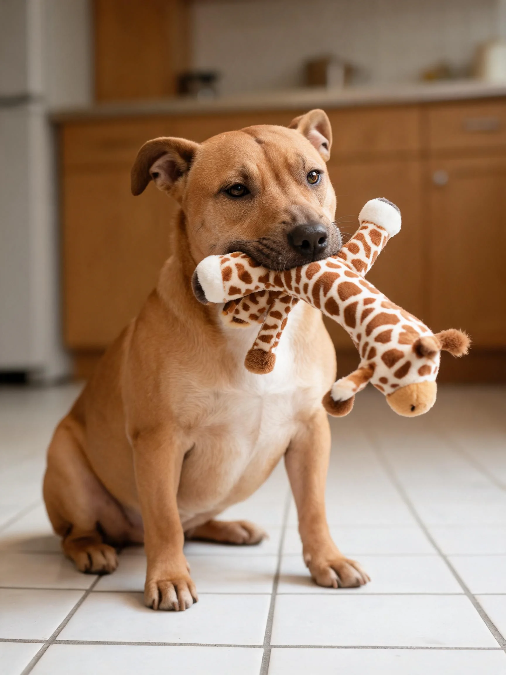 暹罗斗牛梗犬叼着带有棕色斑点的长颈鹿毛绒玩具,浅棕色皮毛贴附在脸部周围。