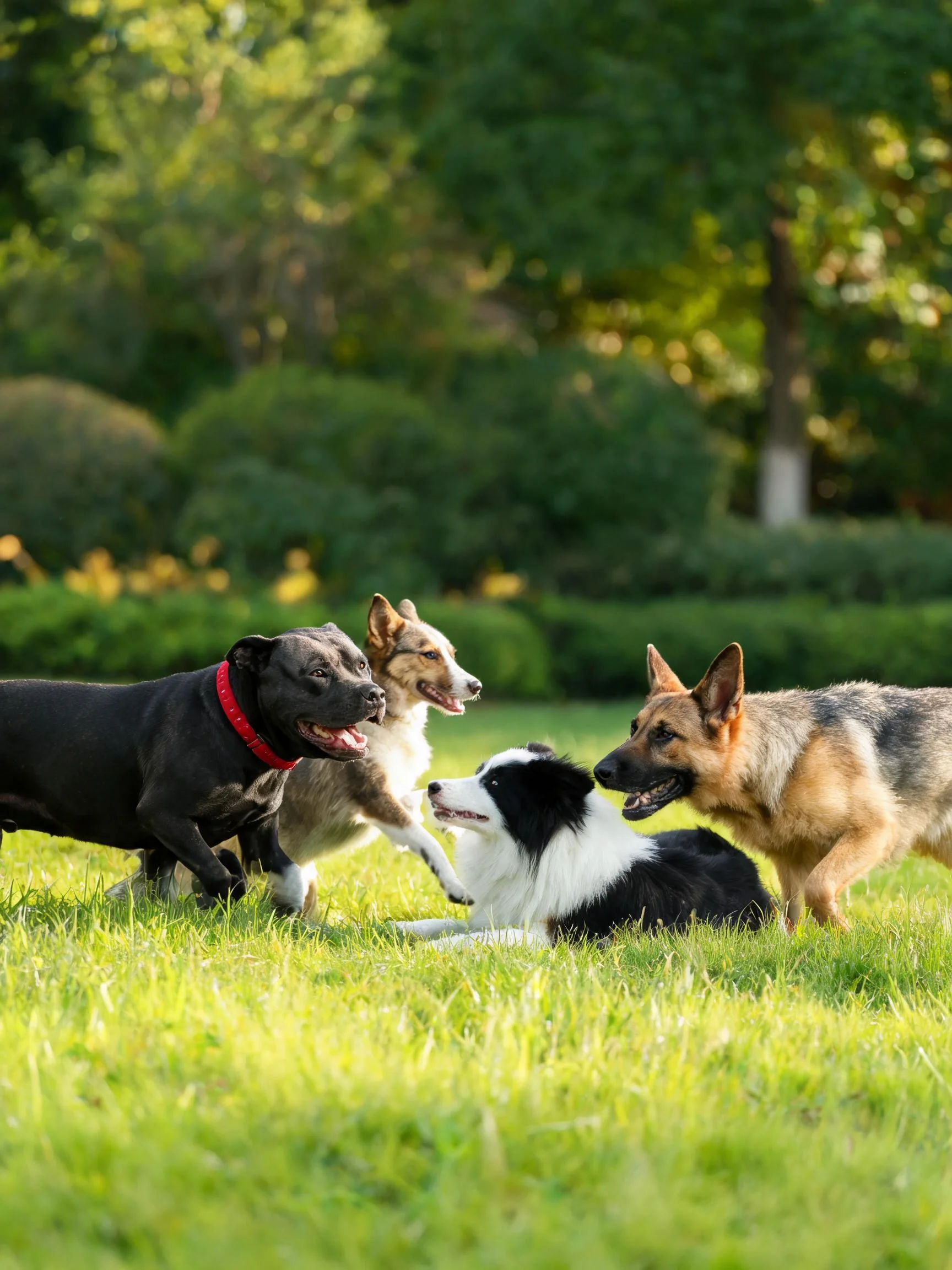黑白色调的边境牧羊犬趴在草地上,周围有几只不同品种的狗狗围绕互动,毛发短而整齐。