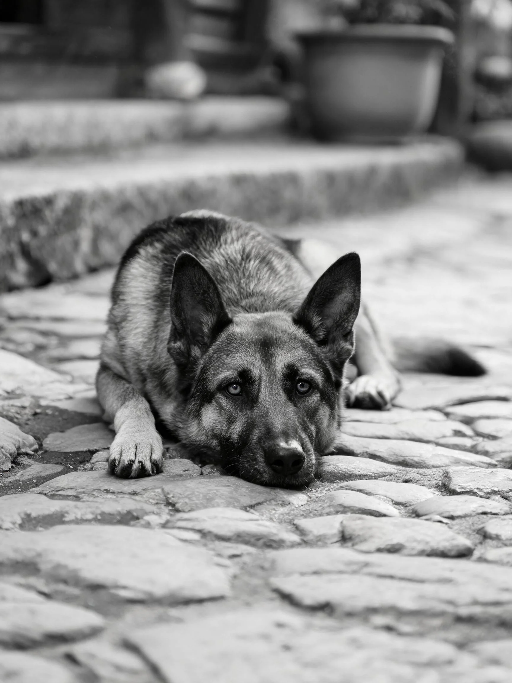 德国牧羊犬将头部轻放石板路面，皮毛短而粗糙，眼神平静注视镜头。