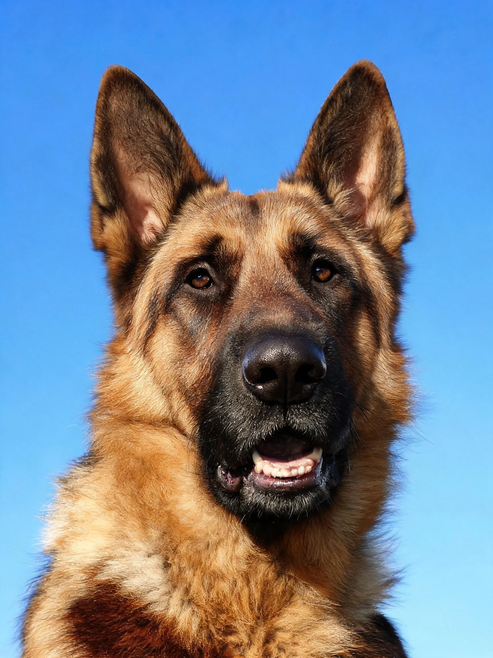 德国牧羊犬，耳朵竖立，黑棕色毛发清晰可见，嘴巴张开露出牙齿。