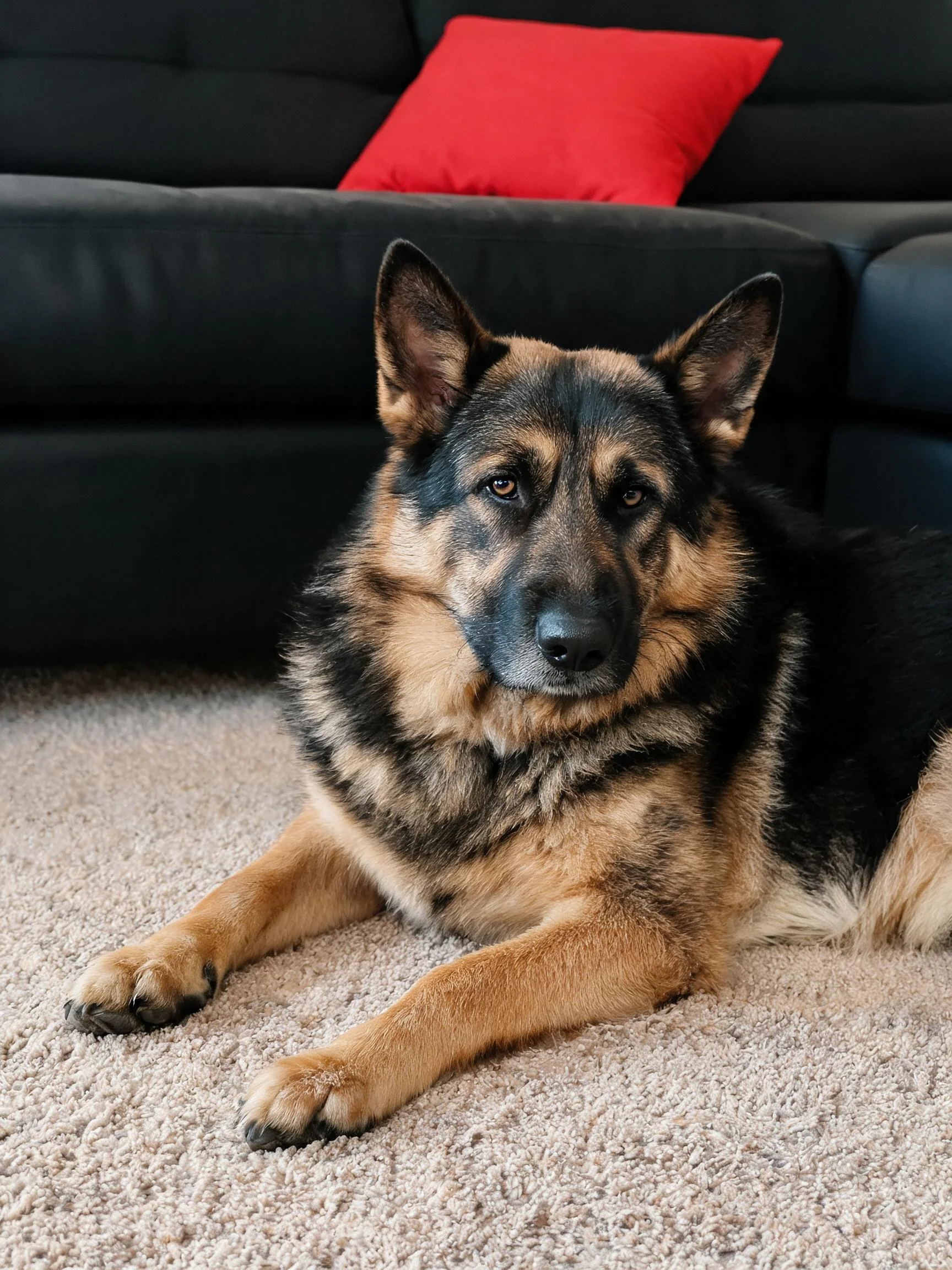 德国牧羊犬安静趴卧在地毯上,耳朵直立,黑棕色毛发清晰可见。