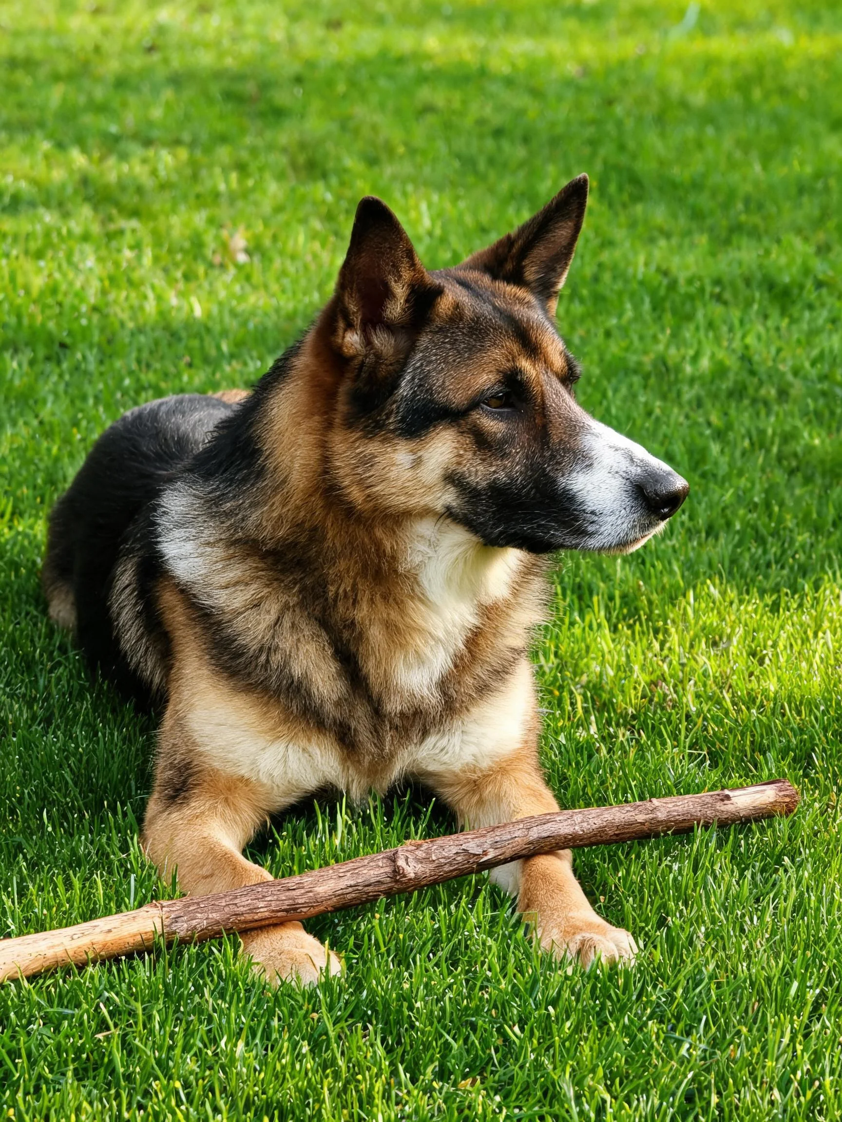 一只德牧犬趴卧在草地上,前爪间有一根木棍,黑棕被毛清晰可见。