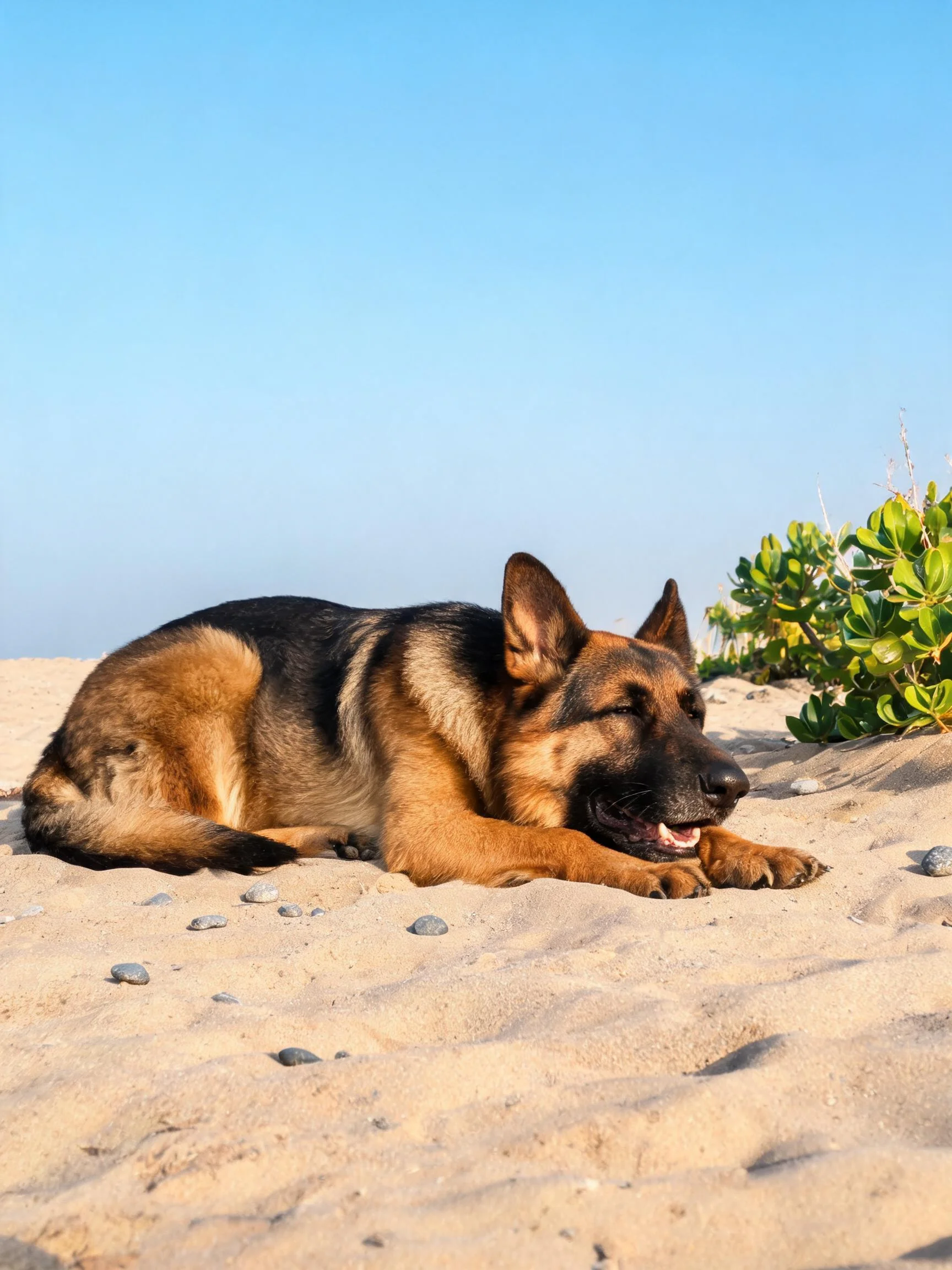德国牧羊犬安静趴卧在沙滩上,黑色与棕色毛发分明,前爪伸展。
