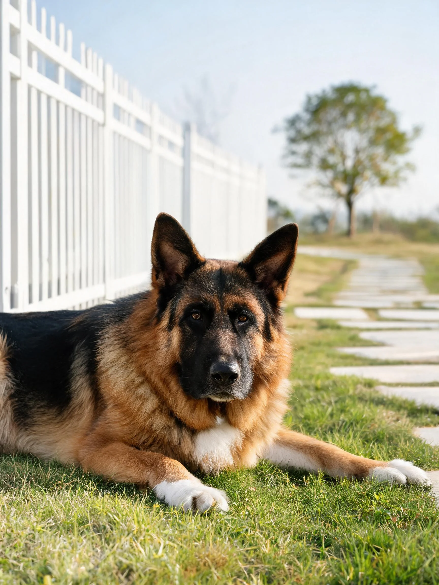德牧犬安静趴卧在绿色草坪上,黑棕色毛发带有白色斑纹。