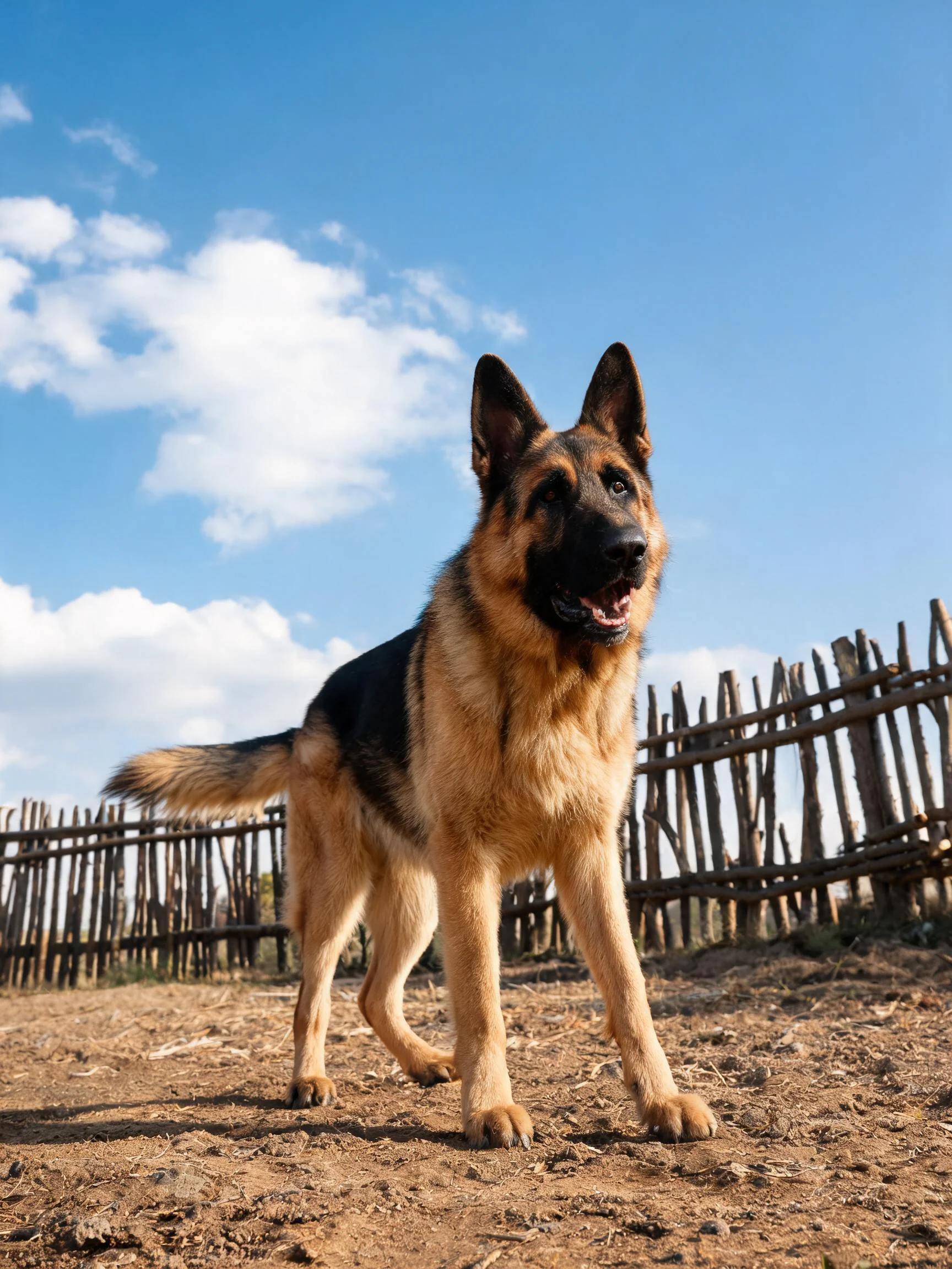 德国牧羊犬有着黑棕色相间的被毛,耳朵竖立,嘴巴张开,站在户外场地。