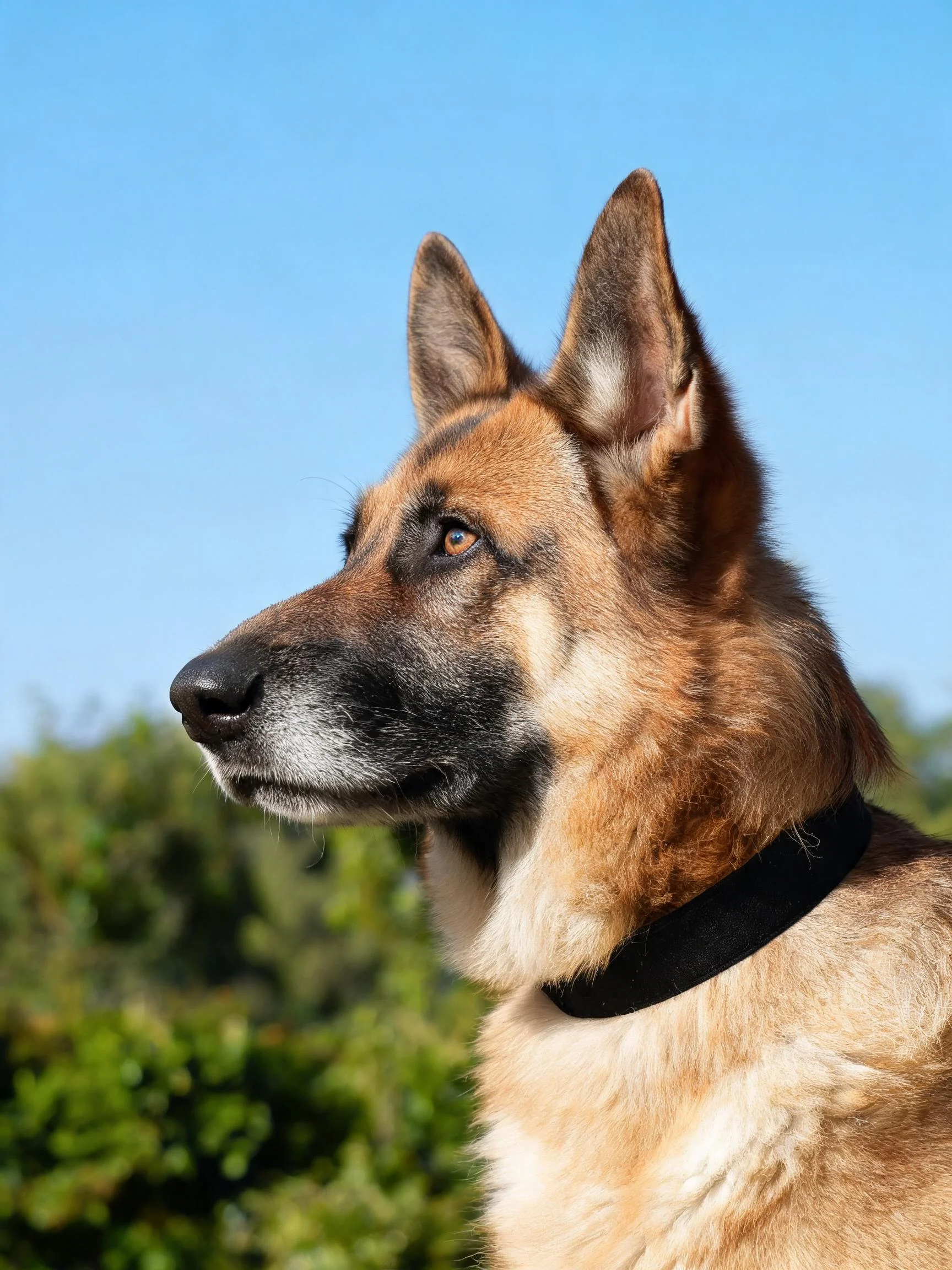 德国牧羊犬有着棕褐与黑色相间的毛发,黑色的口鼻部和竖立的耳朵清晰可见。