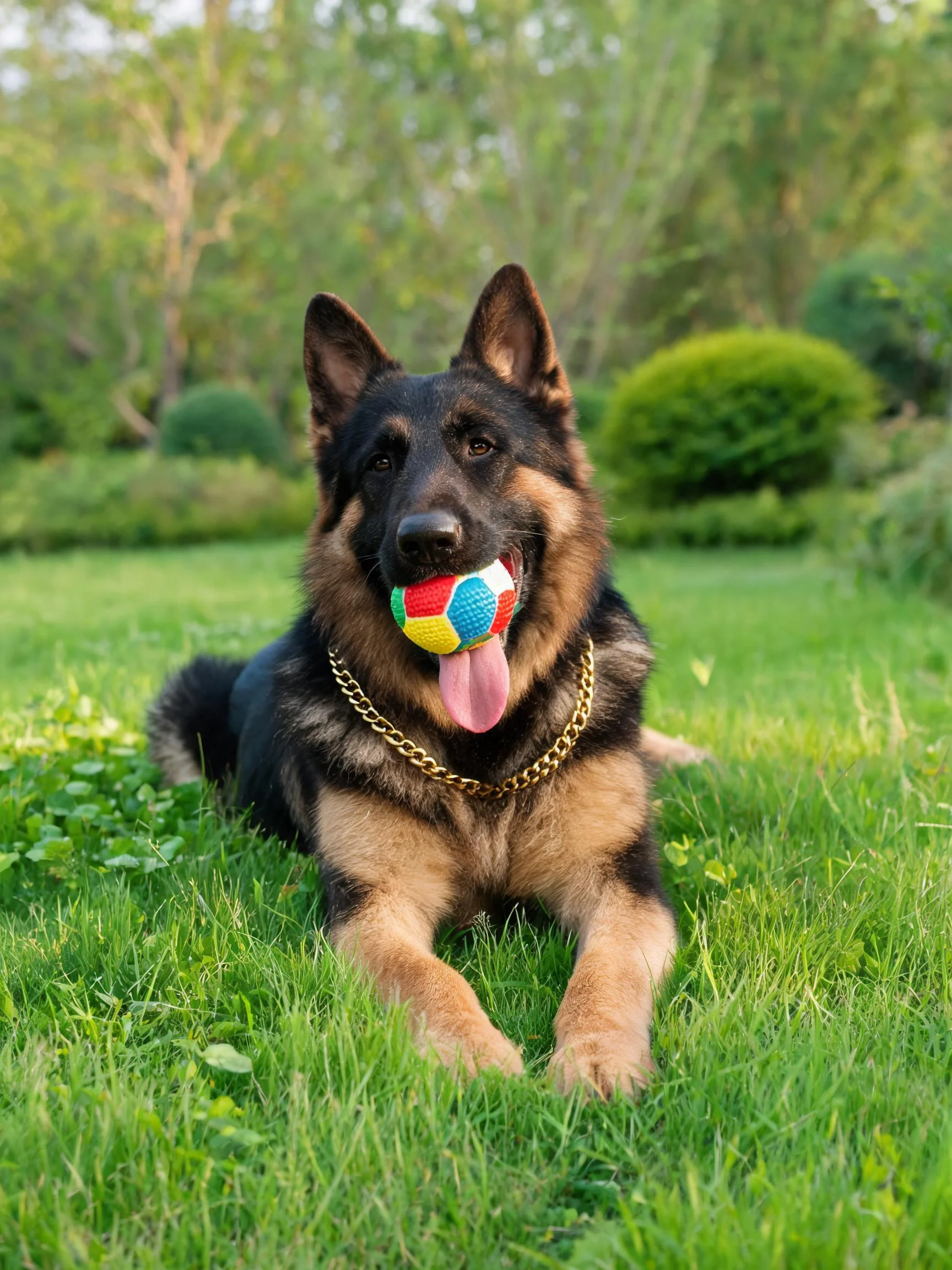 德国牧羊犬叼着由红、蓝、黄组成的三色球体,黑色的毛发带有棕色斑纹,舌头伸出。