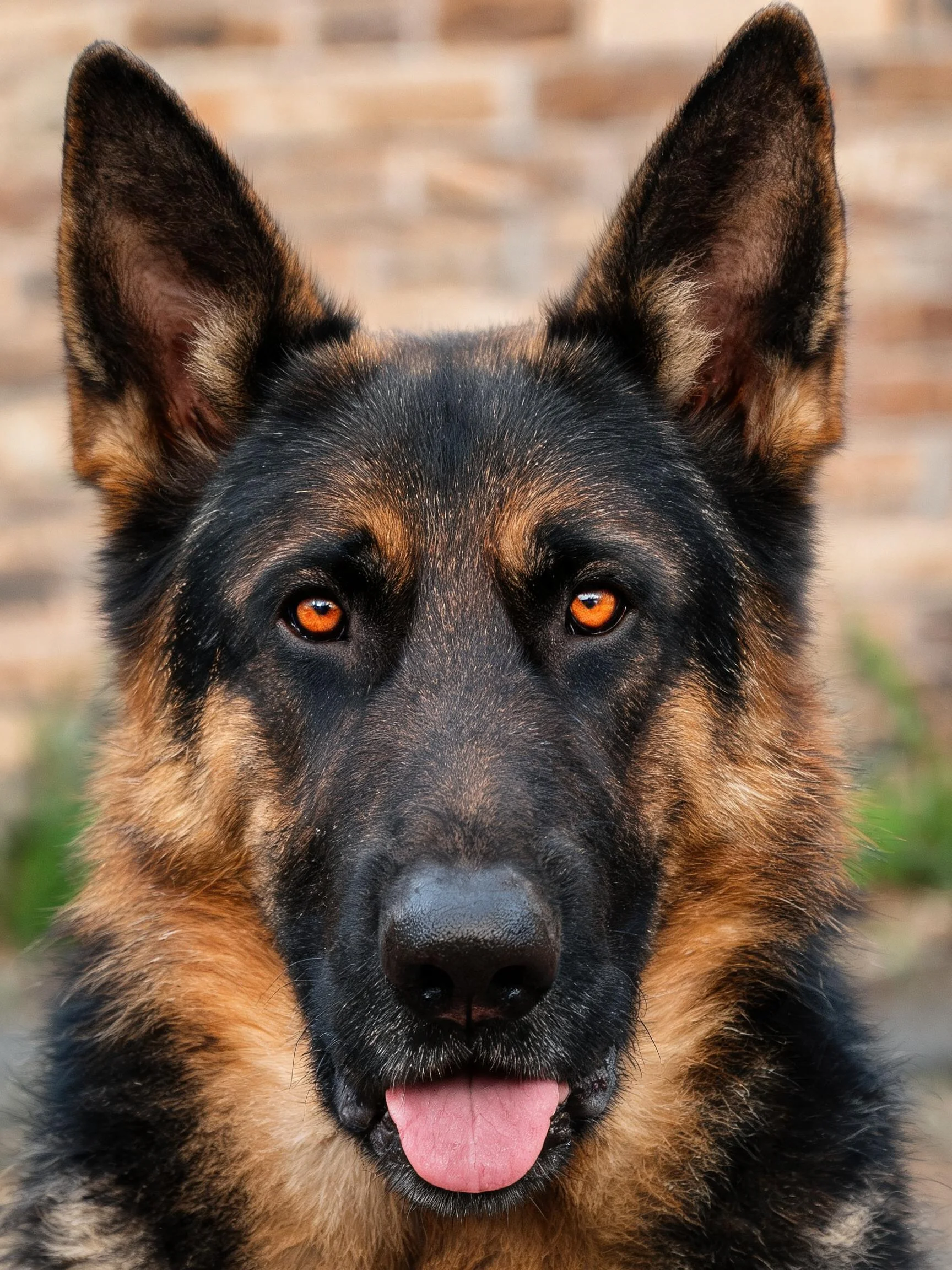 德国牧羊犬有着黑棕色相间的被毛,橙红色眼睛明亮,粉红色舌头伸出。