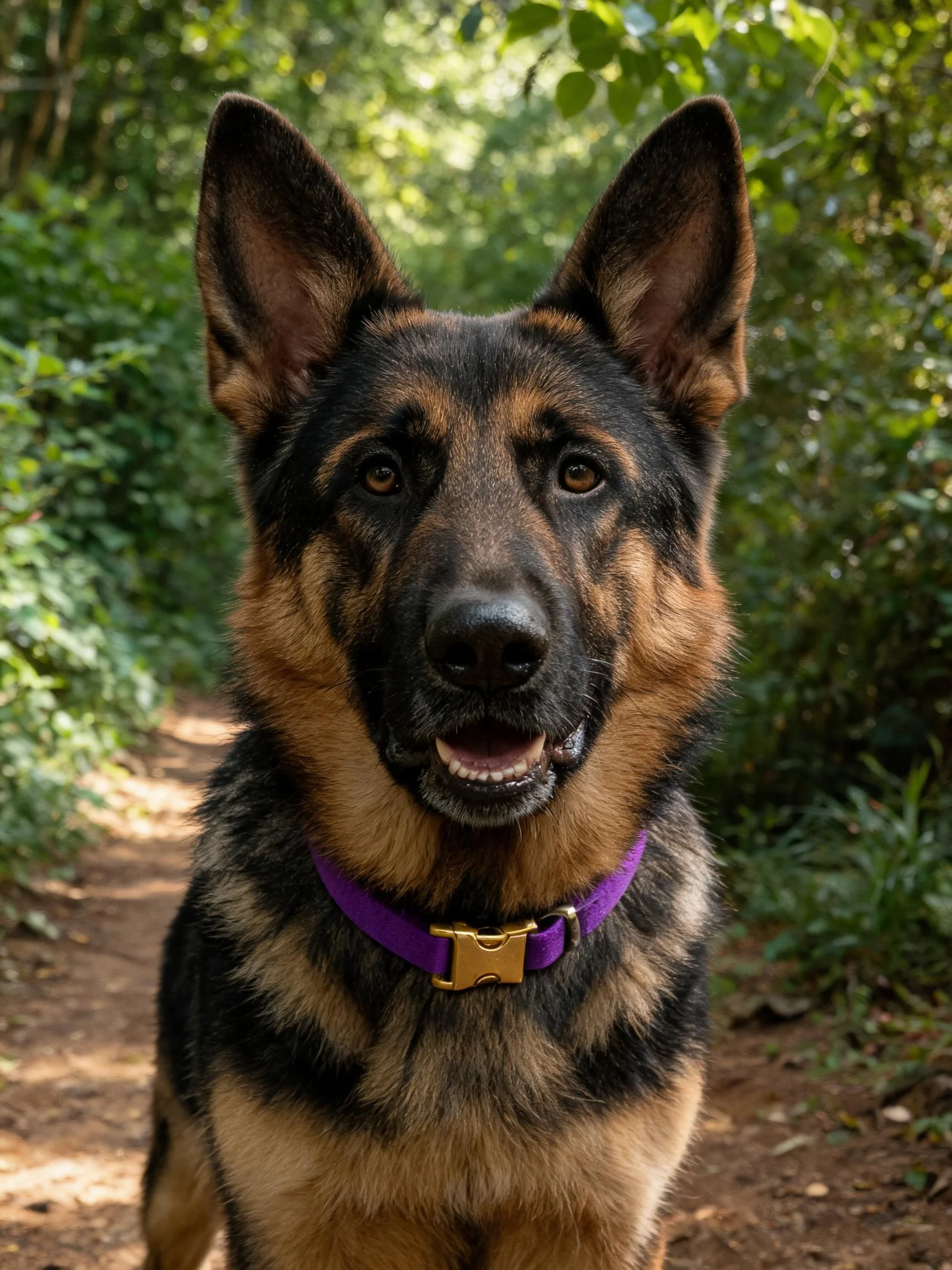 德国牧羊犬有着标志性的黑棕色毛发,佩戴紫色项圈,眼神专注地注视着前方。