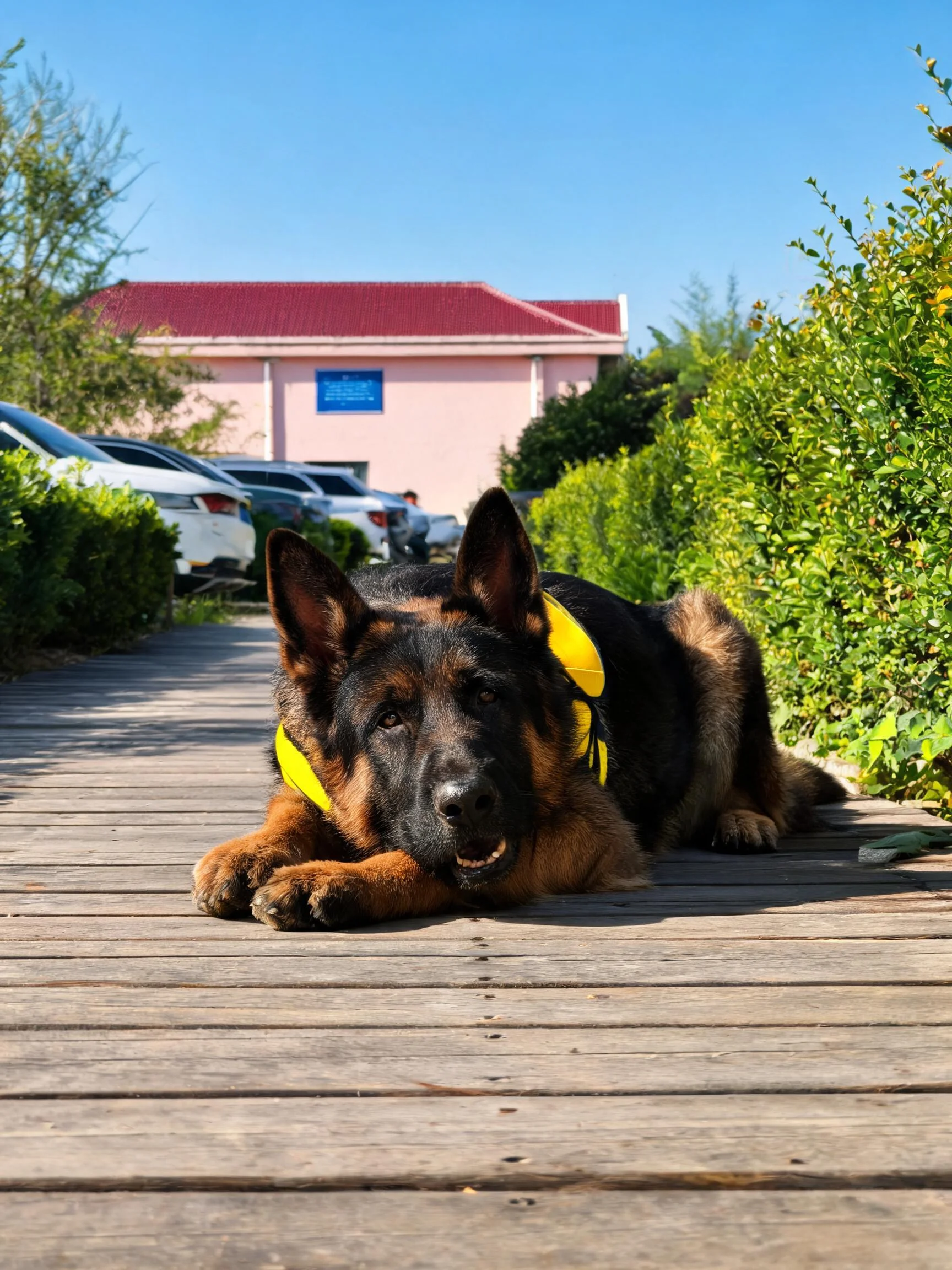 一只佩戴黄色装备的黑棕色德牧犬安静地趴在木质步道上。