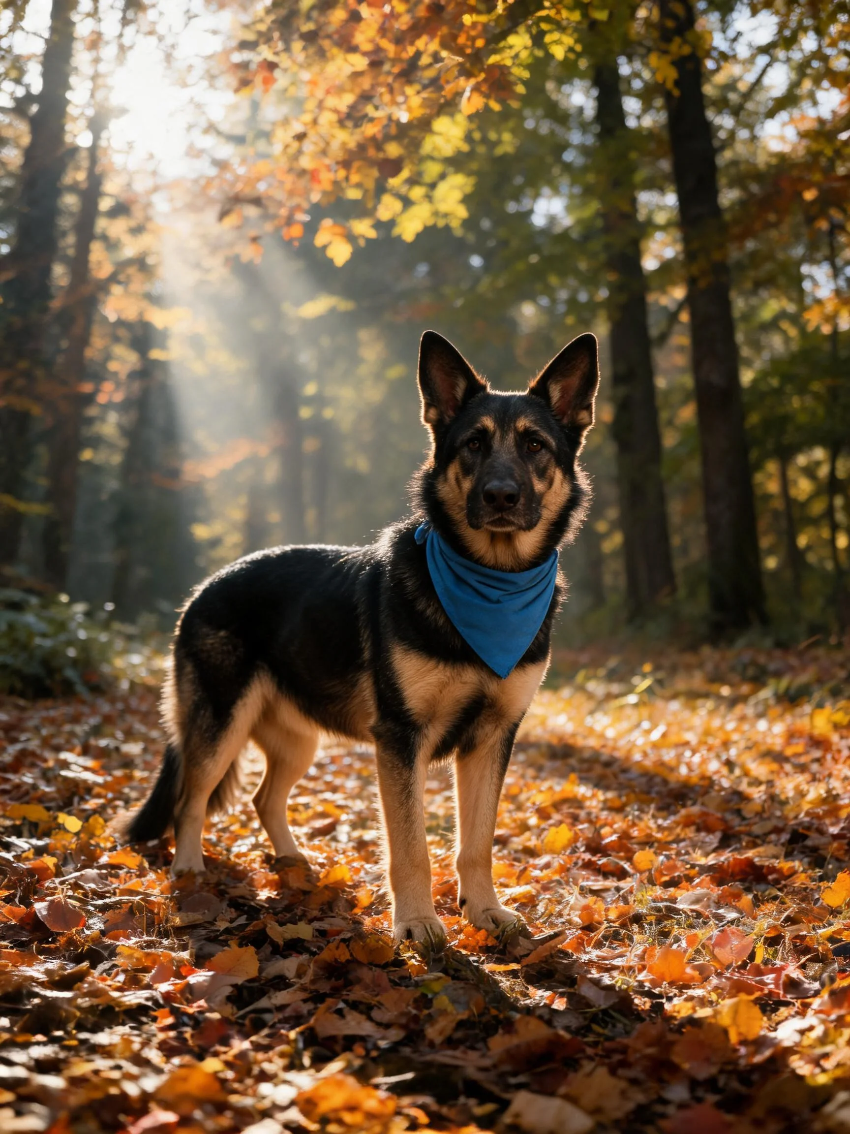 一只德国牧羊犬正站在满是落叶的秋日森林中,它黑色的毛发带有明显的棕色斑纹,脖颈间系着蓝色布巾。