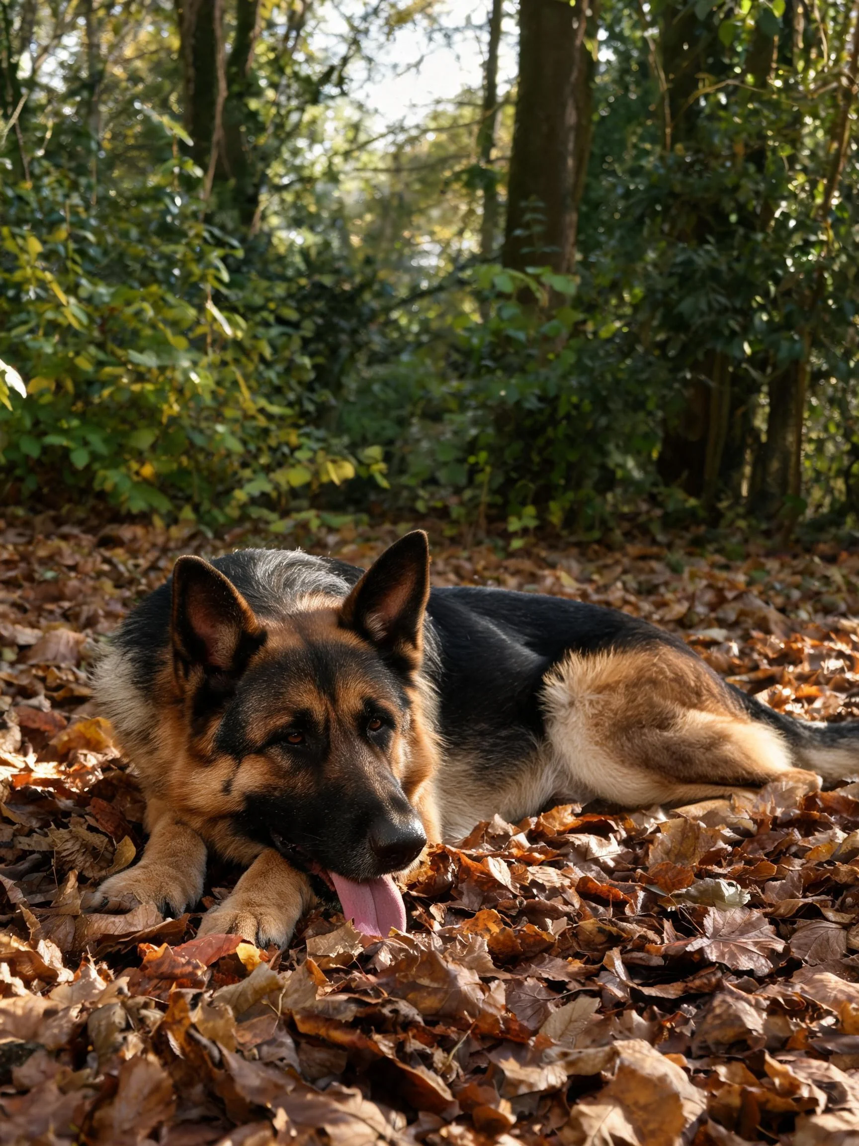 一只德国牧羊犬正趴在满是秋叶的地面上,嘴巴张开露出舌头。