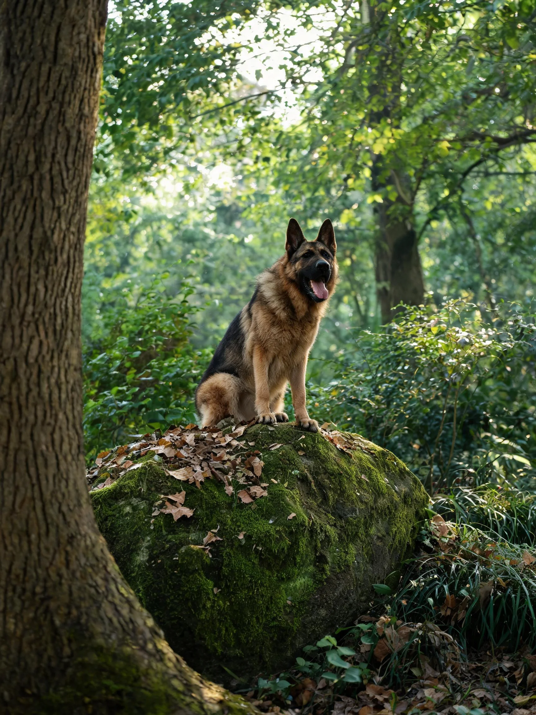 德国牧羊犬坐在森林苔藓岩石上,棕黑色被毛清晰,周围是茂密树林环境。