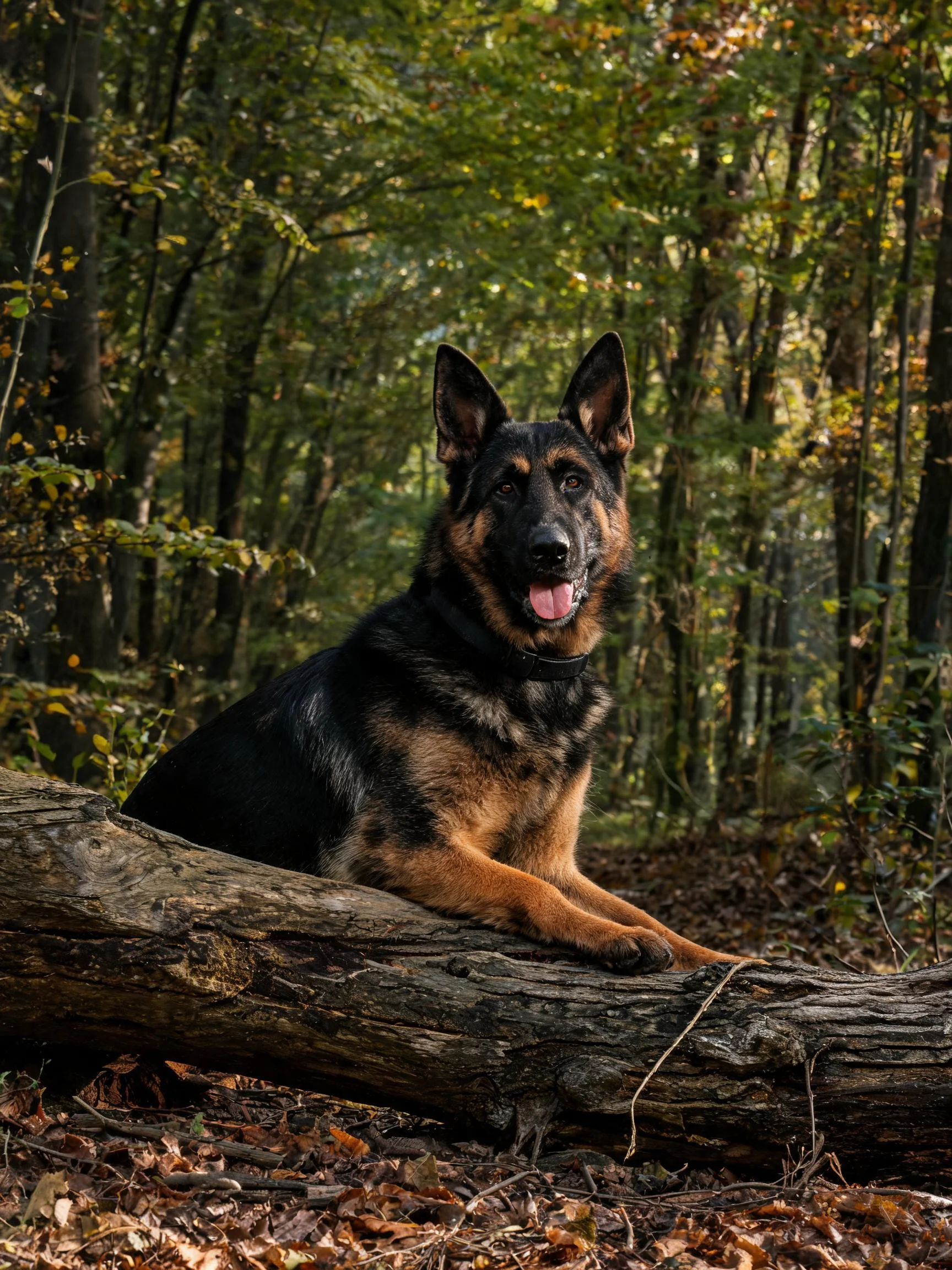 德国牧羊犬趴在森林中的倒木上,黑棕色毛发清晰可见,嘴巴微张露出舌头,姿态放松警觉。