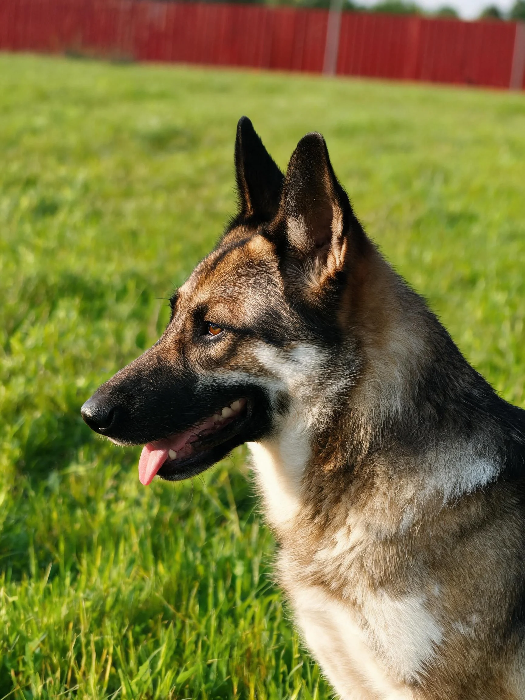 德国牧羊犬侧面姿态,黑棕色毛发,嘴巴张开露出舌头。
