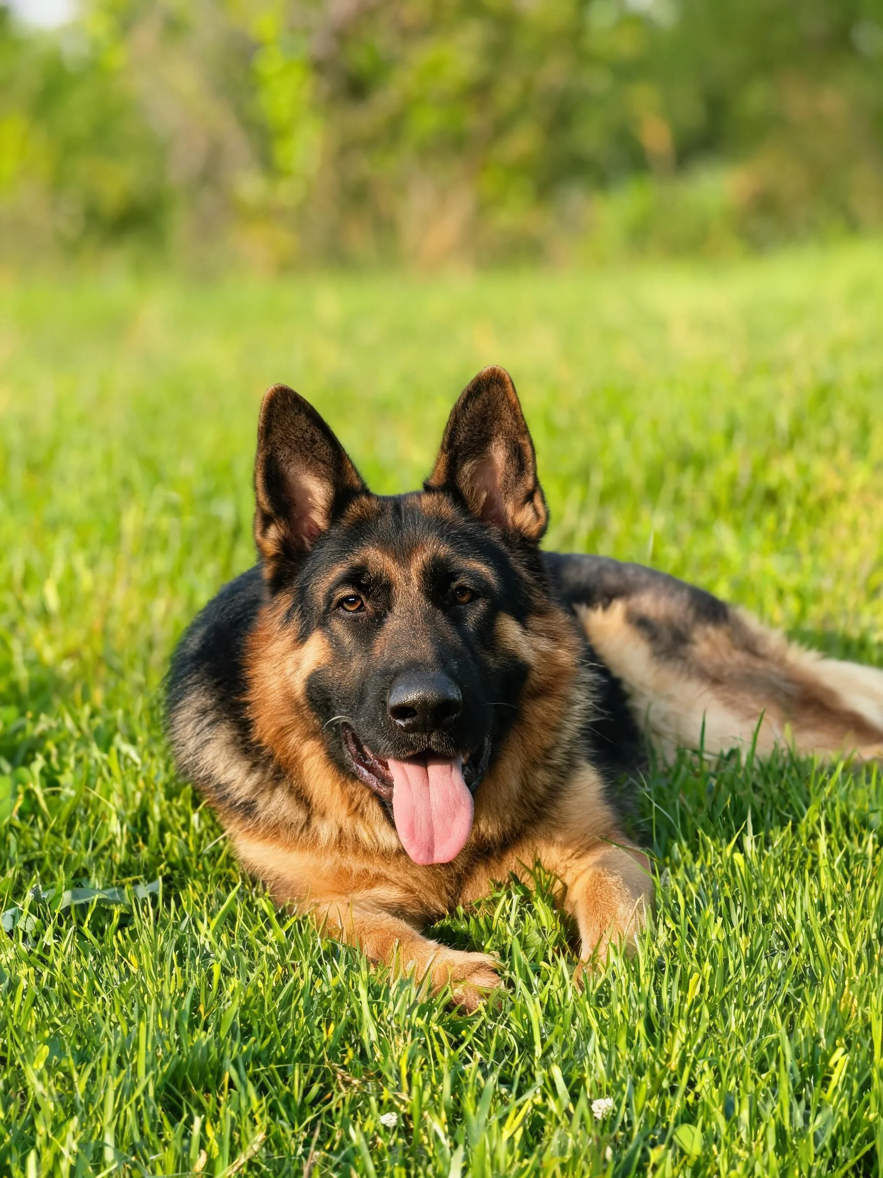 德国牧羊犬趴在草地上,黑色的背部与浅棕色腹部分明,粉红色舌头伸出。