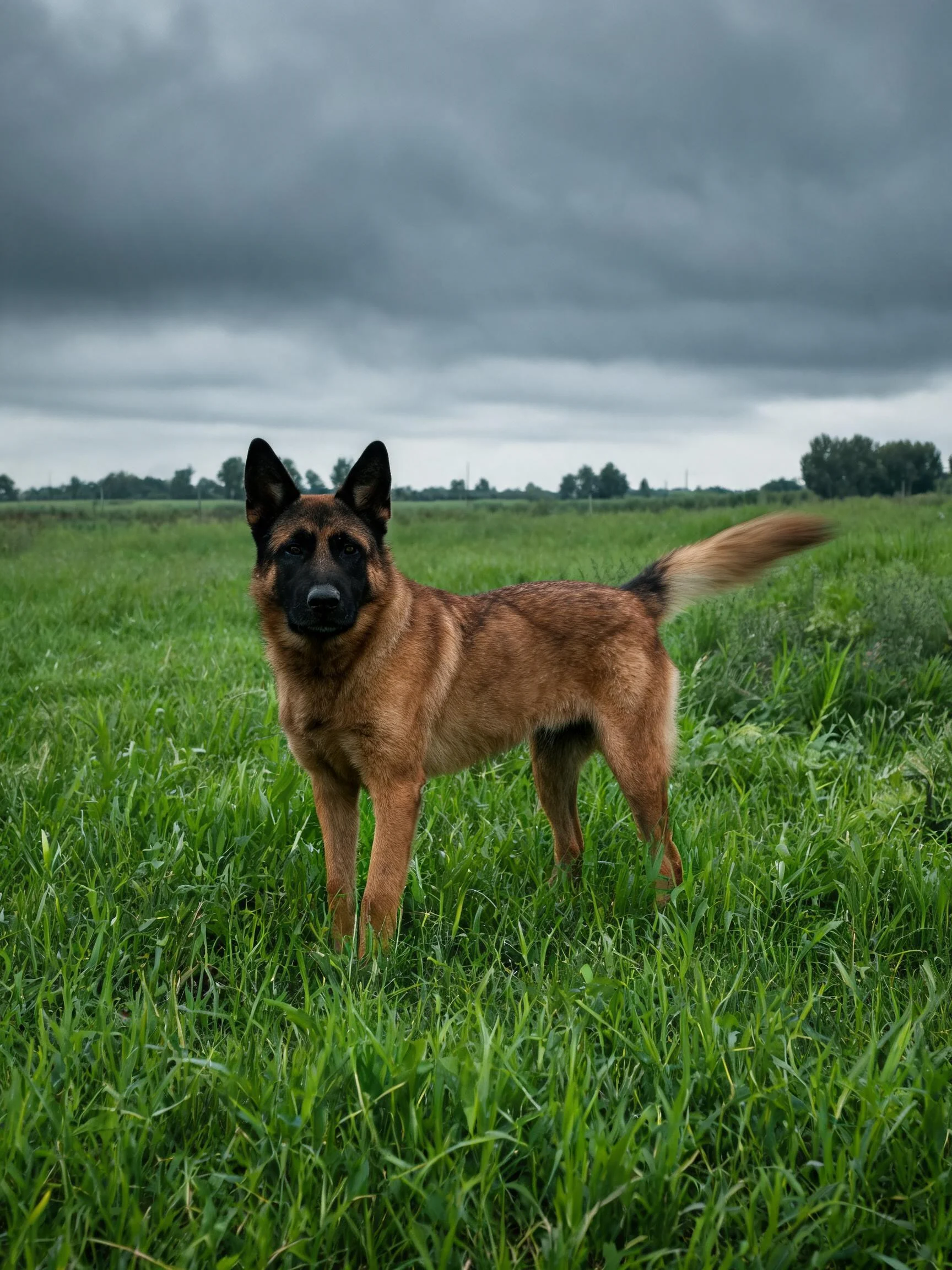 一只德牧犬站在绿油油的草地上,它有黑棕色毛发和竖立耳朵,尾巴向上扬起。