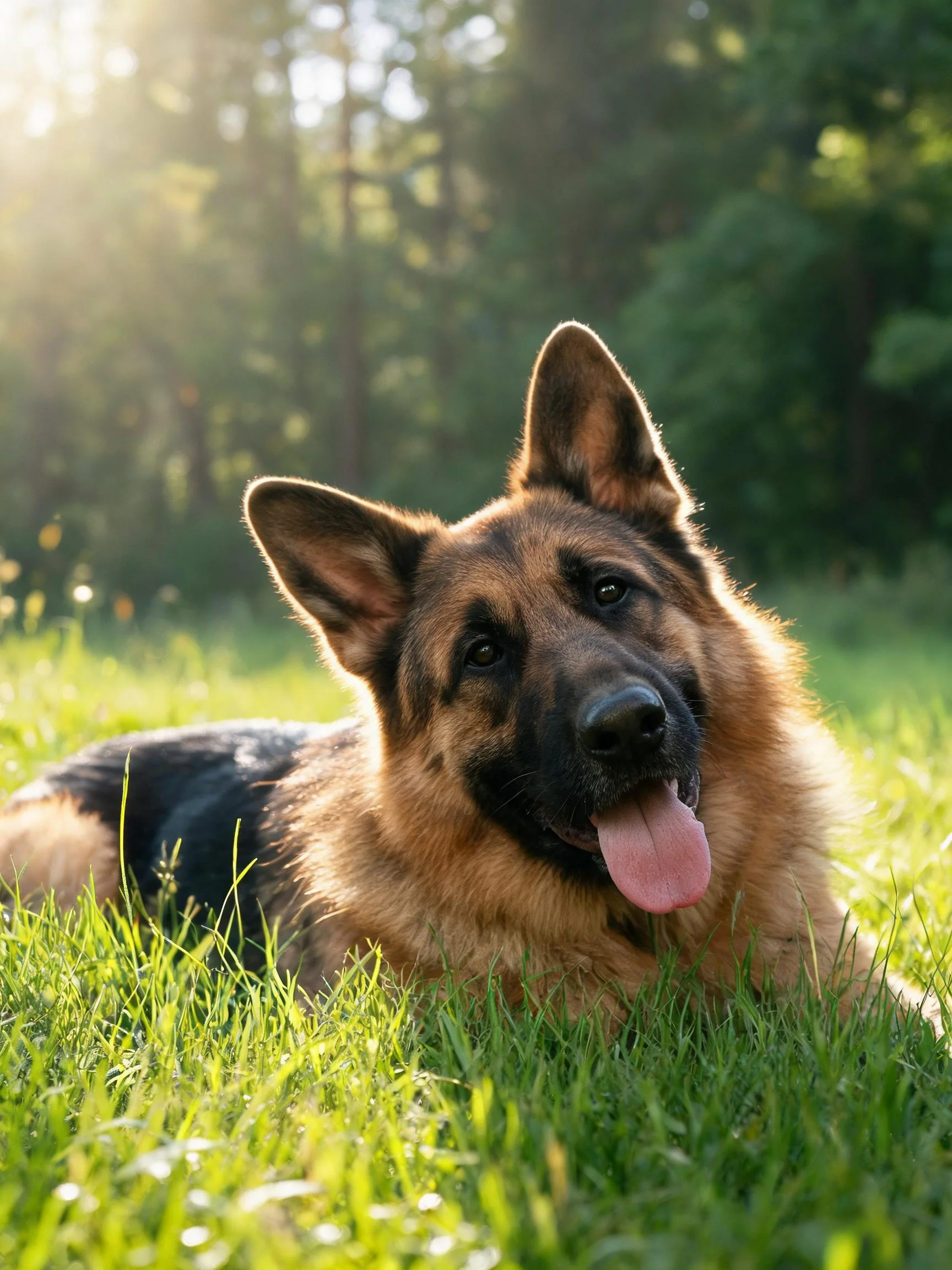 德国牧羊犬趴在草地上,粉红色舌头伸出,棕褐色毛发在阳光下清晰可见。