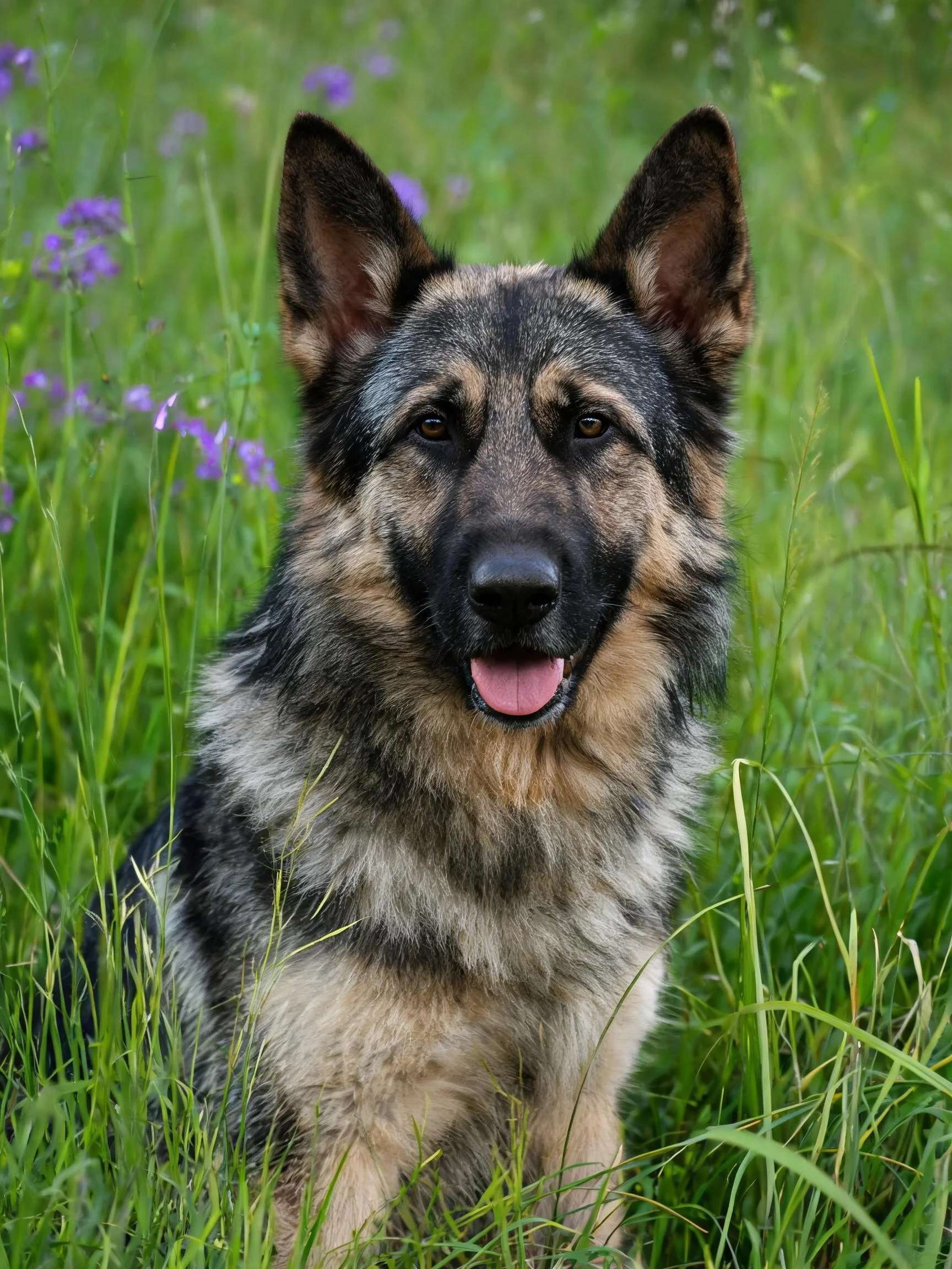德国牧羊犬黑褐相间的毛发清晰可见,耳朵竖立着,正安静地坐在花草丛生的草地上。