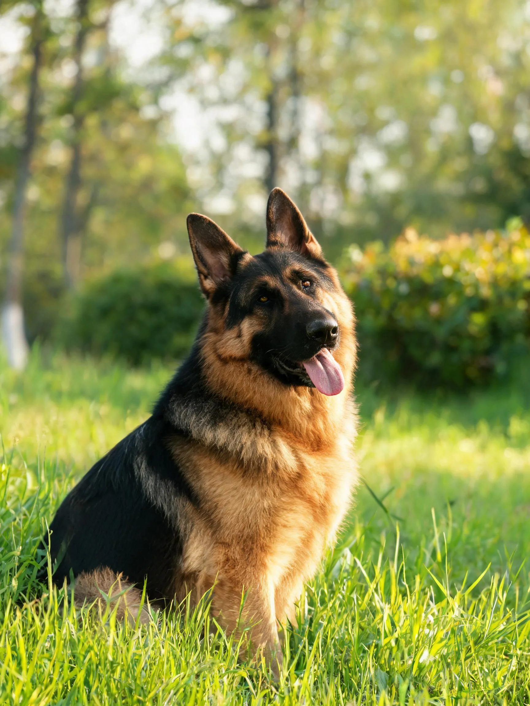德国牧羊犬安静地坐在草地上,嘴巴张开露出湿润的舌头。