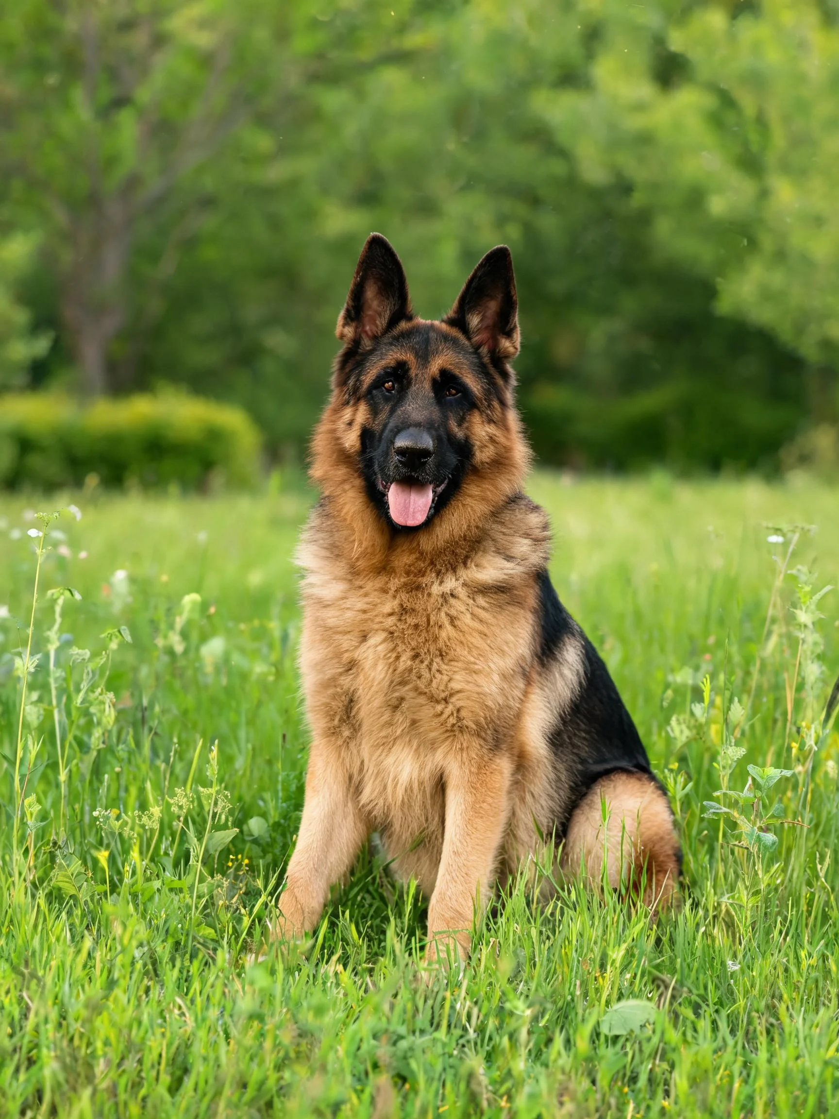 一只德国牧羊犬有着黑棕色相间的毛发,嘴巴张开露出湿润的舌头,安静地坐在绿色草地上。