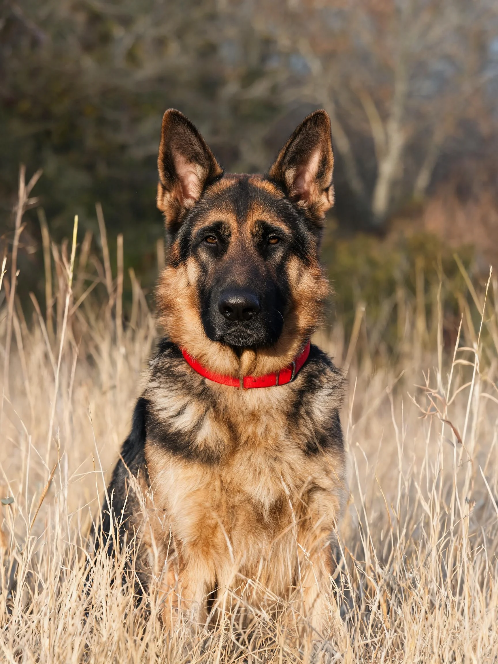 一只德国牧羊犬坐在干燥的草丛中,佩戴红色项圈,黑棕色毛发清晰可见。