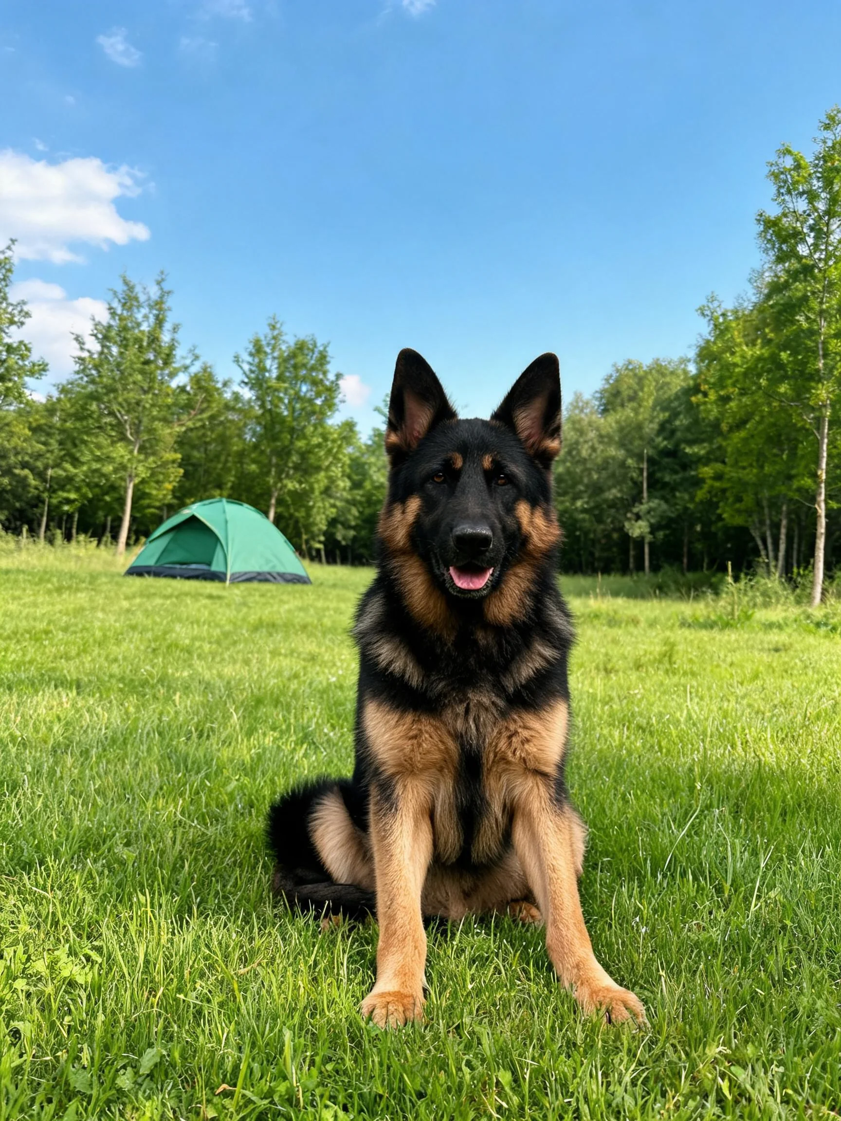 德国牧羊犬安静坐在绿色草地上,黑棕色相间的被毛在阳光下清晰可见,嘴巴微张露出舌头。