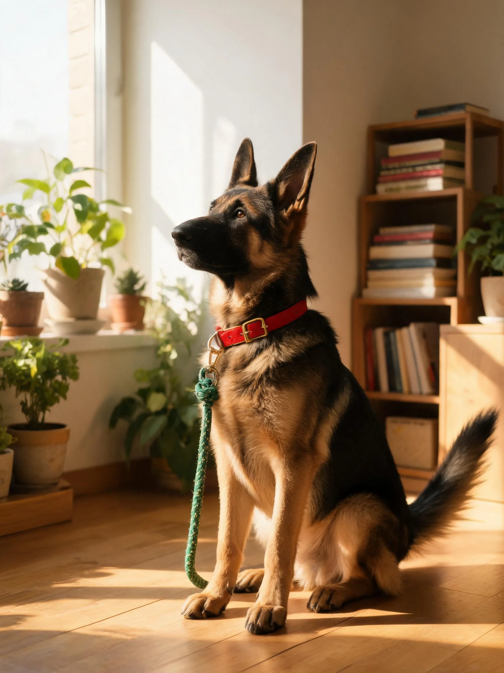 德国牧羊犬戴着红色项圈,站在室内窗边,目光看向窗外方向,身上有黑棕色相间的毛发。