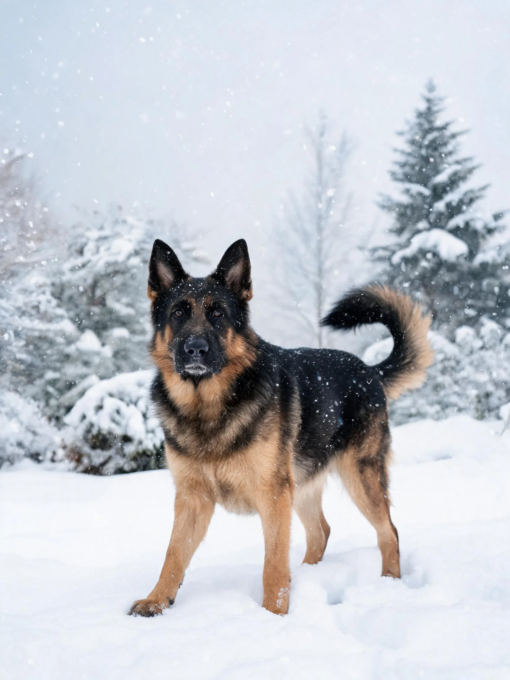德国牧羊犬站在雪地中,黑色与棕色相间的毛发清晰可见,雪花落在它的身上。