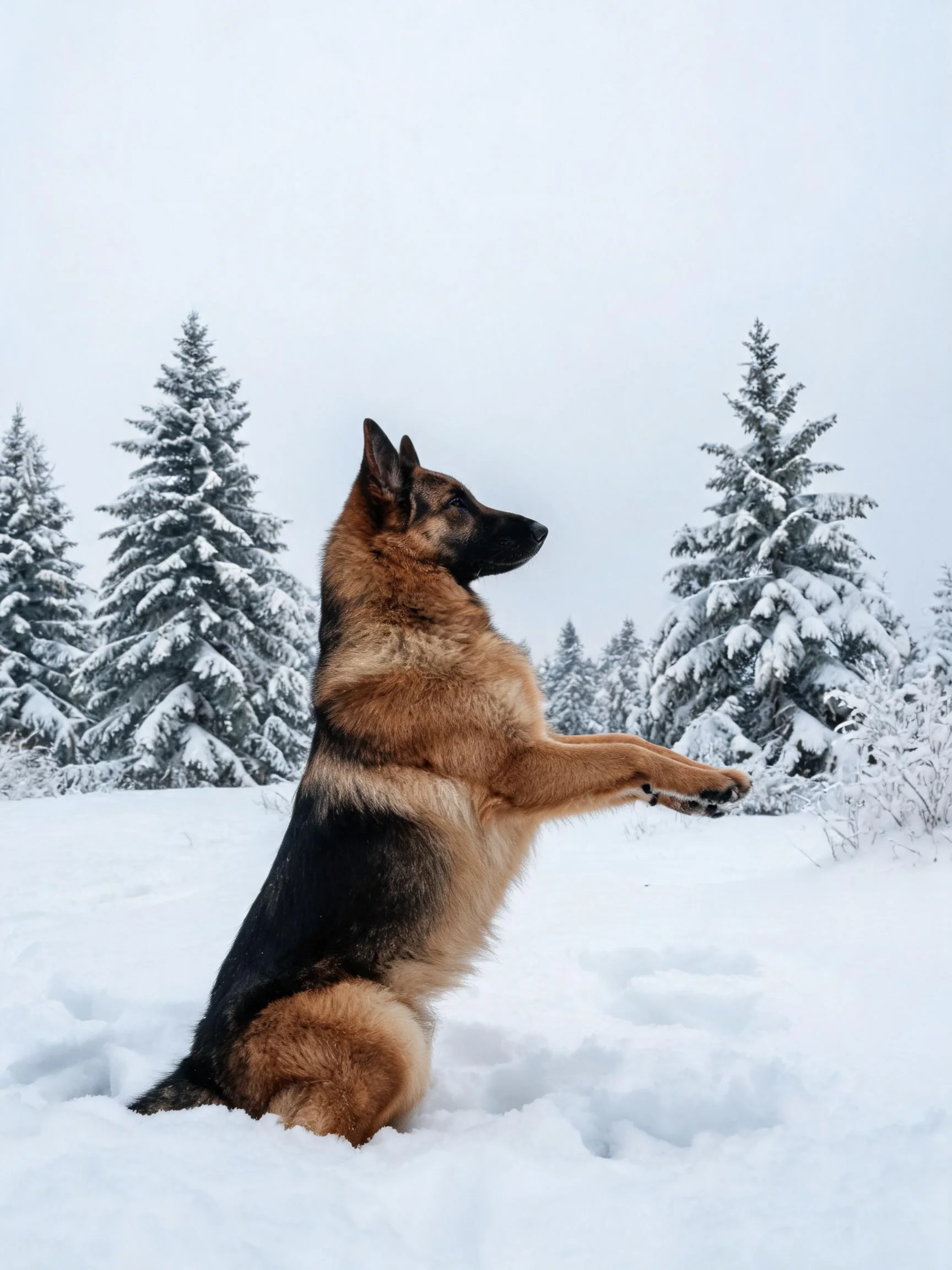 德国牧羊犬呈站立姿态,棕黑相间的毛发清晰可见,处于被白雪覆盖的环境中。