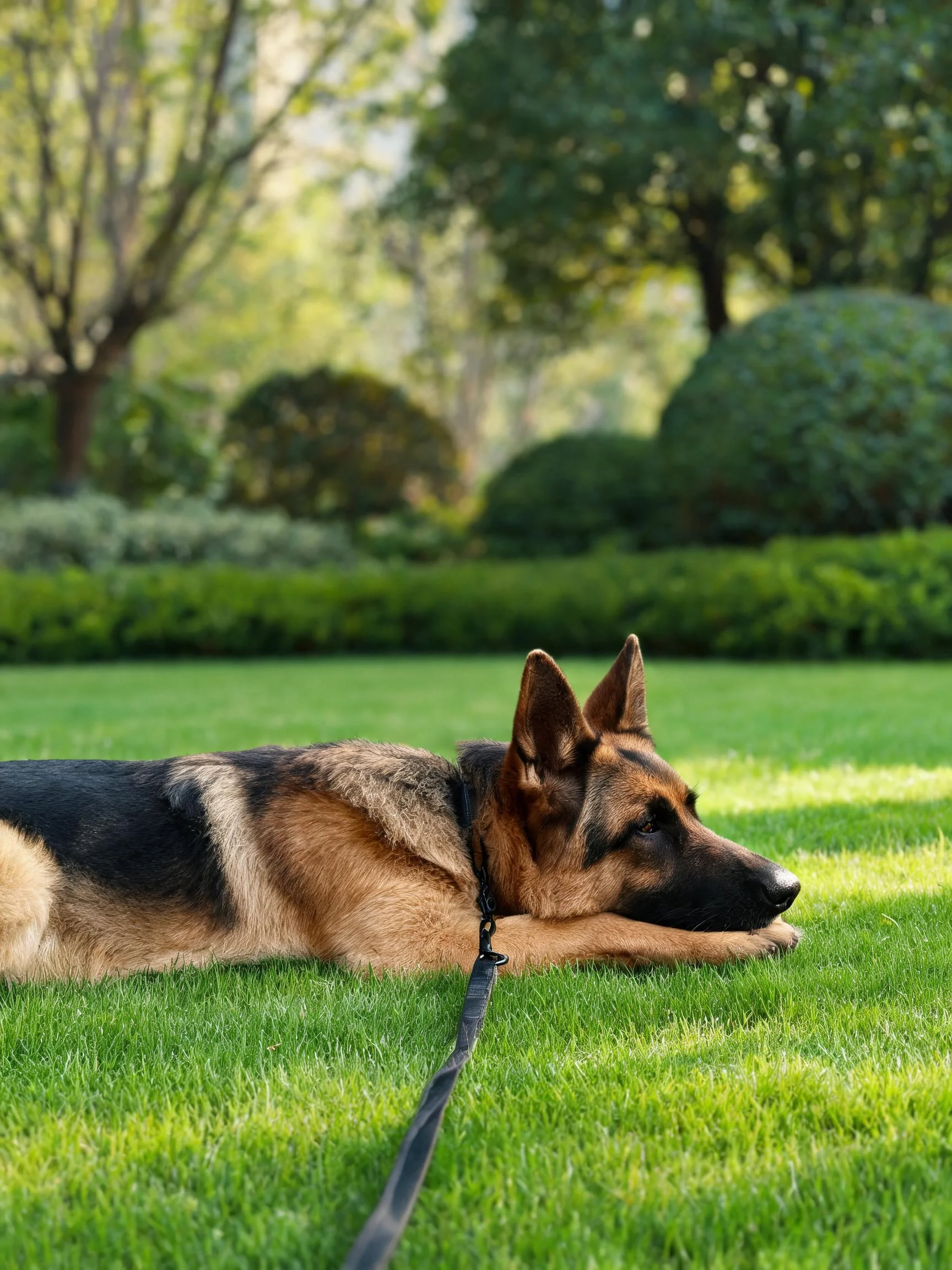 德国牧羊犬侧躺于绿色草坪上,黑棕色毛发清晰可见,耳朵呈竖立姿态。
