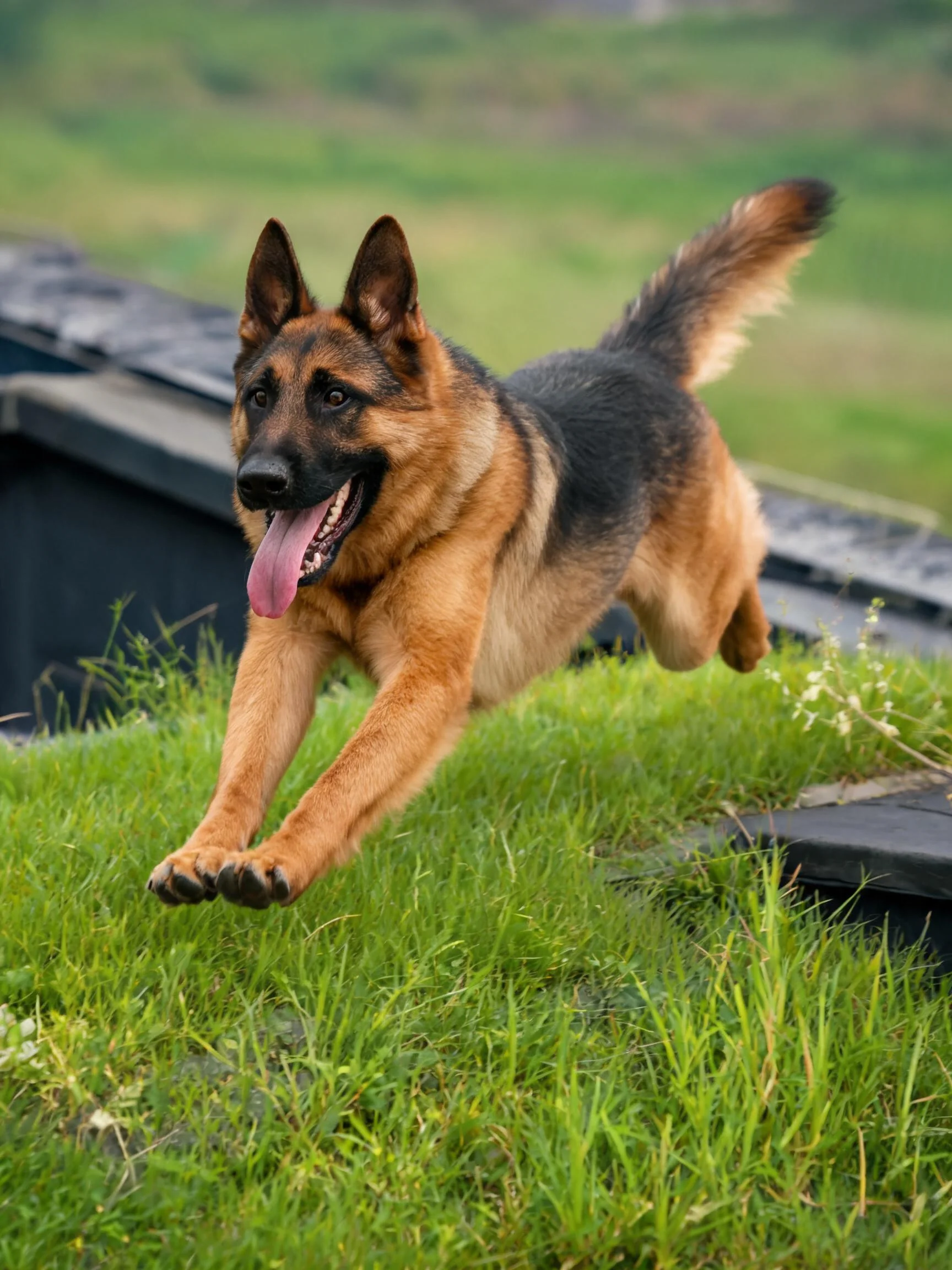 德国牧羊犬在绿色草坪上跳跃，嘴巴张开露出湿润的粉色舌头。