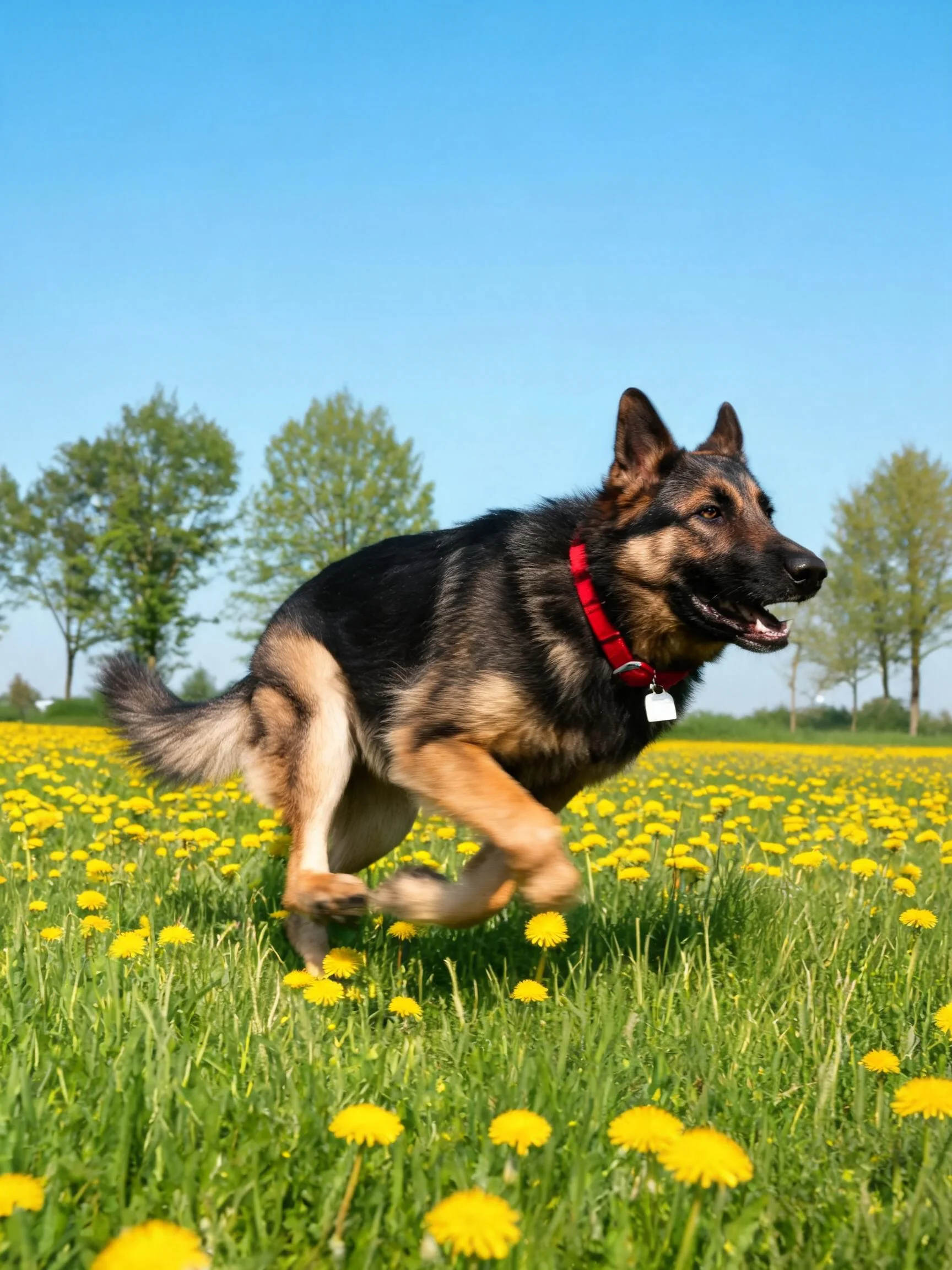 一只德国牧羊犬正以黑色和棕色相间的皮毛在满是黄色花朵的草地上快速奔跑。