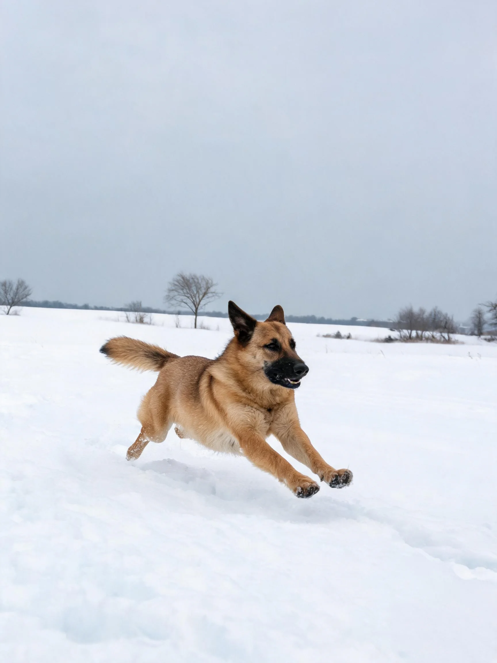 德国牧羊犬在雪地中奔跑,爪子上沾有细碎雪花,姿态矫健有力。