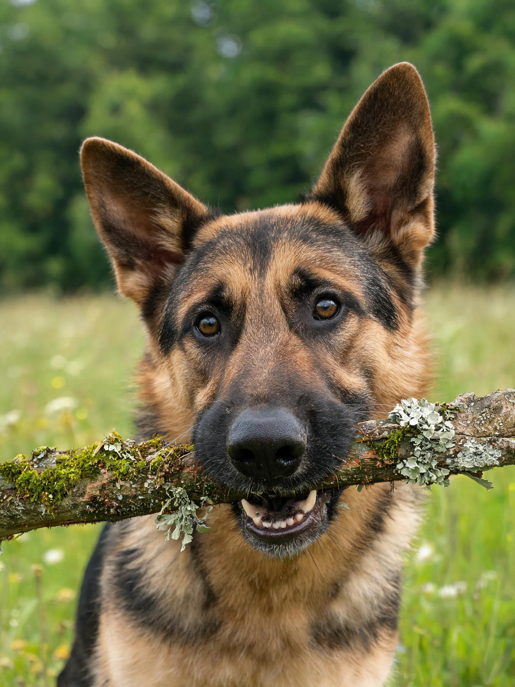 德国牧羊犬叼着表面有青苔和地衣的木枝,嘴巴咬合处清晰可见牙齿和毛发口鼻部特征。